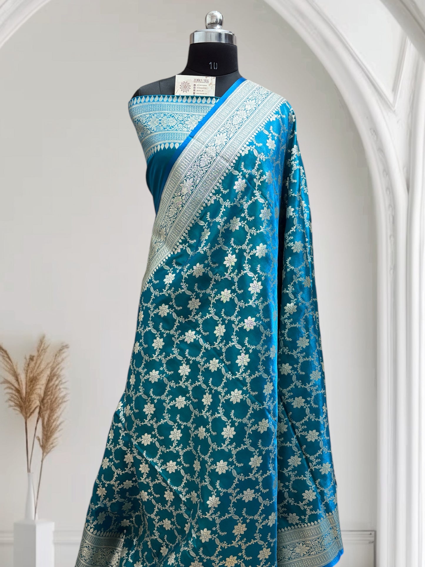 Blue-Green Jaal Pattern Satin Silk