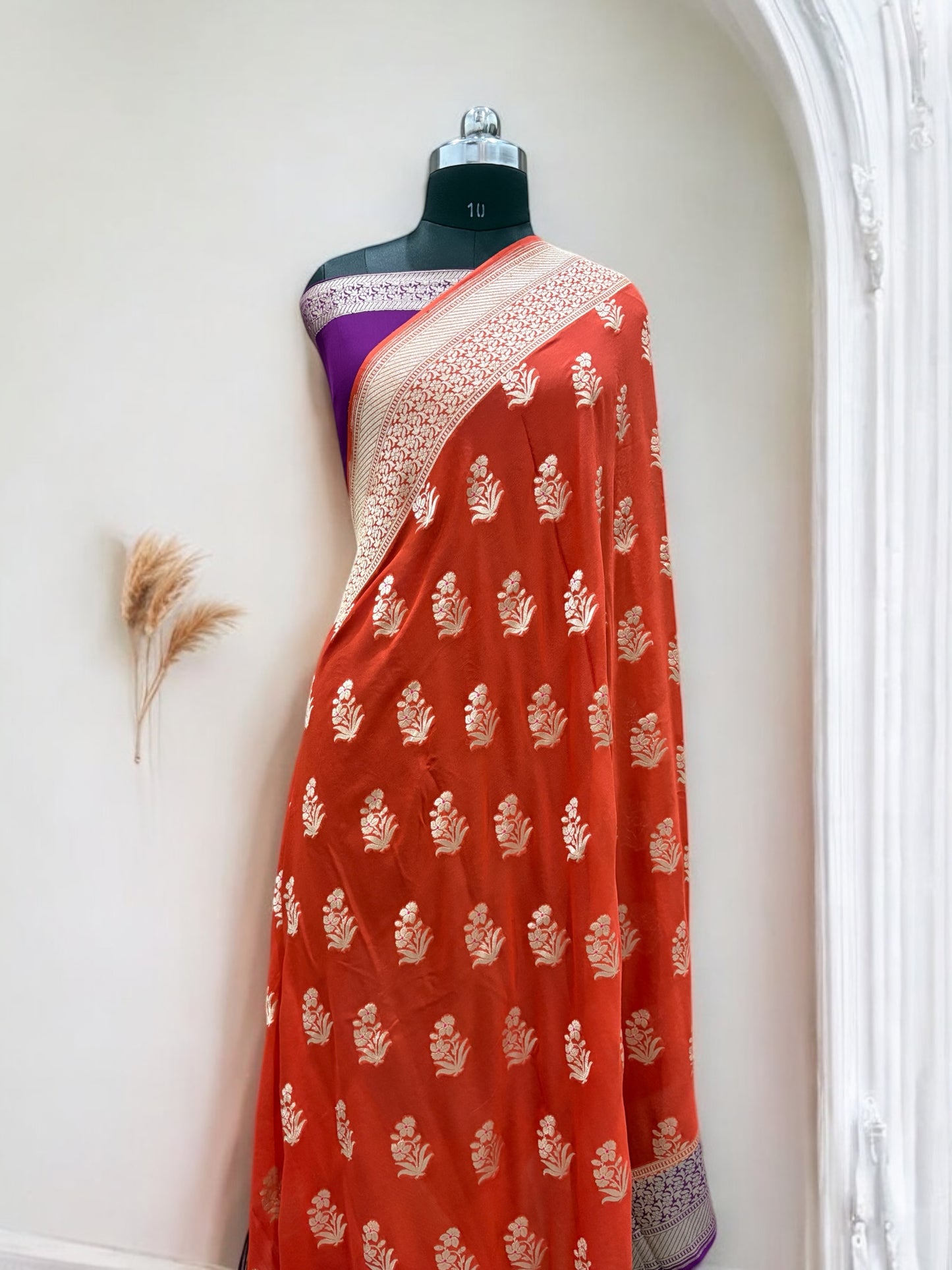 Orange & Violet Chiffon Pure Georgette Banarasi Saree
