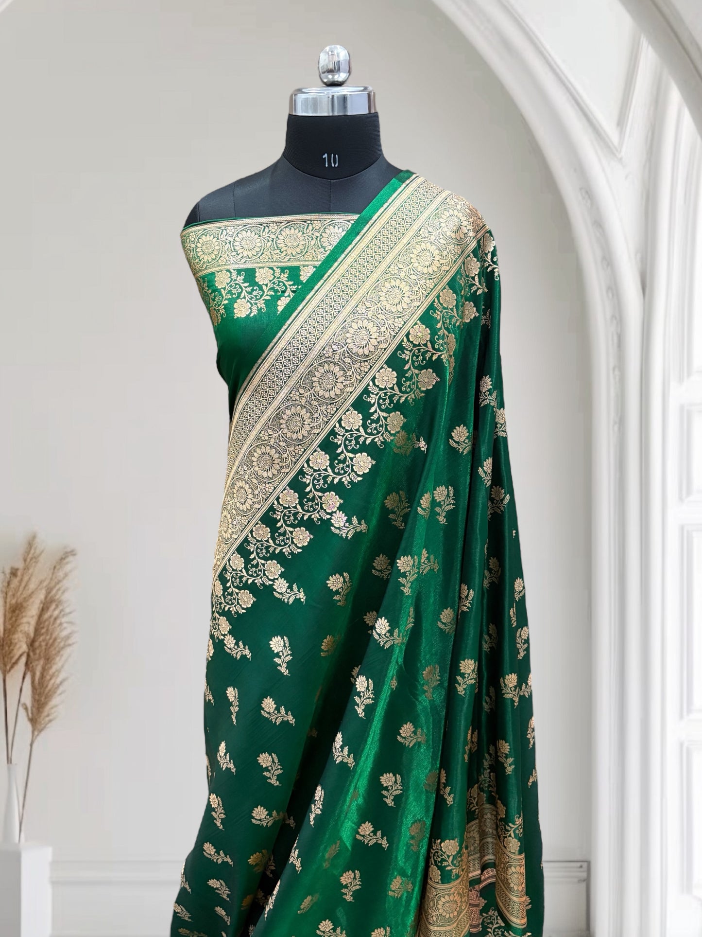 Green with Golden Zari Work and Rose Buti Design Satin Silk Banarasi Saree