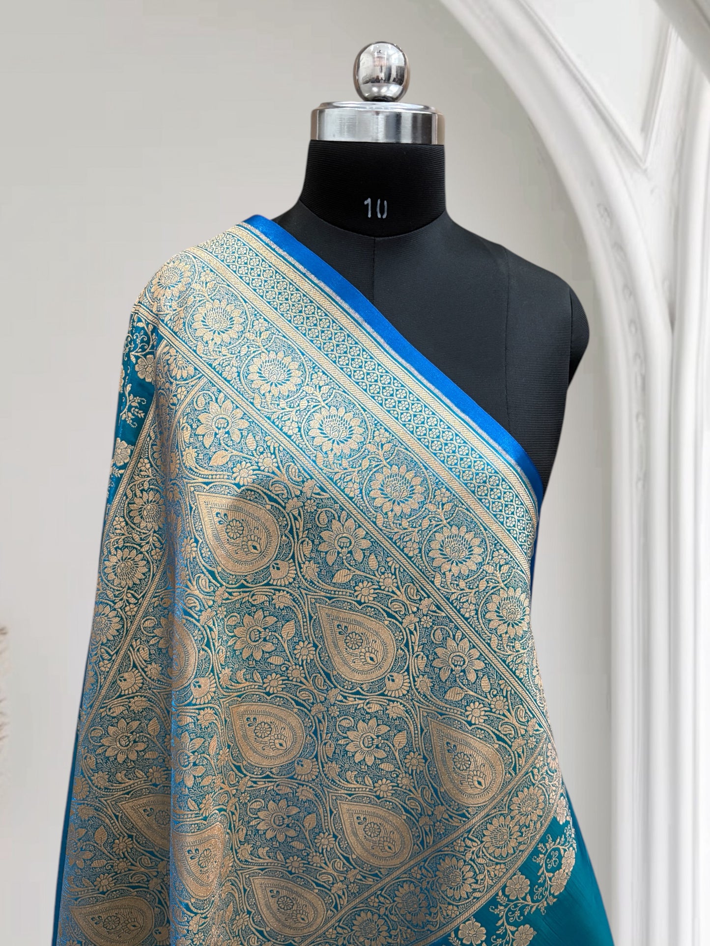 Firoza with Golden Zari Work and Rose Buti Design Satin Silk Banarasi Saree
