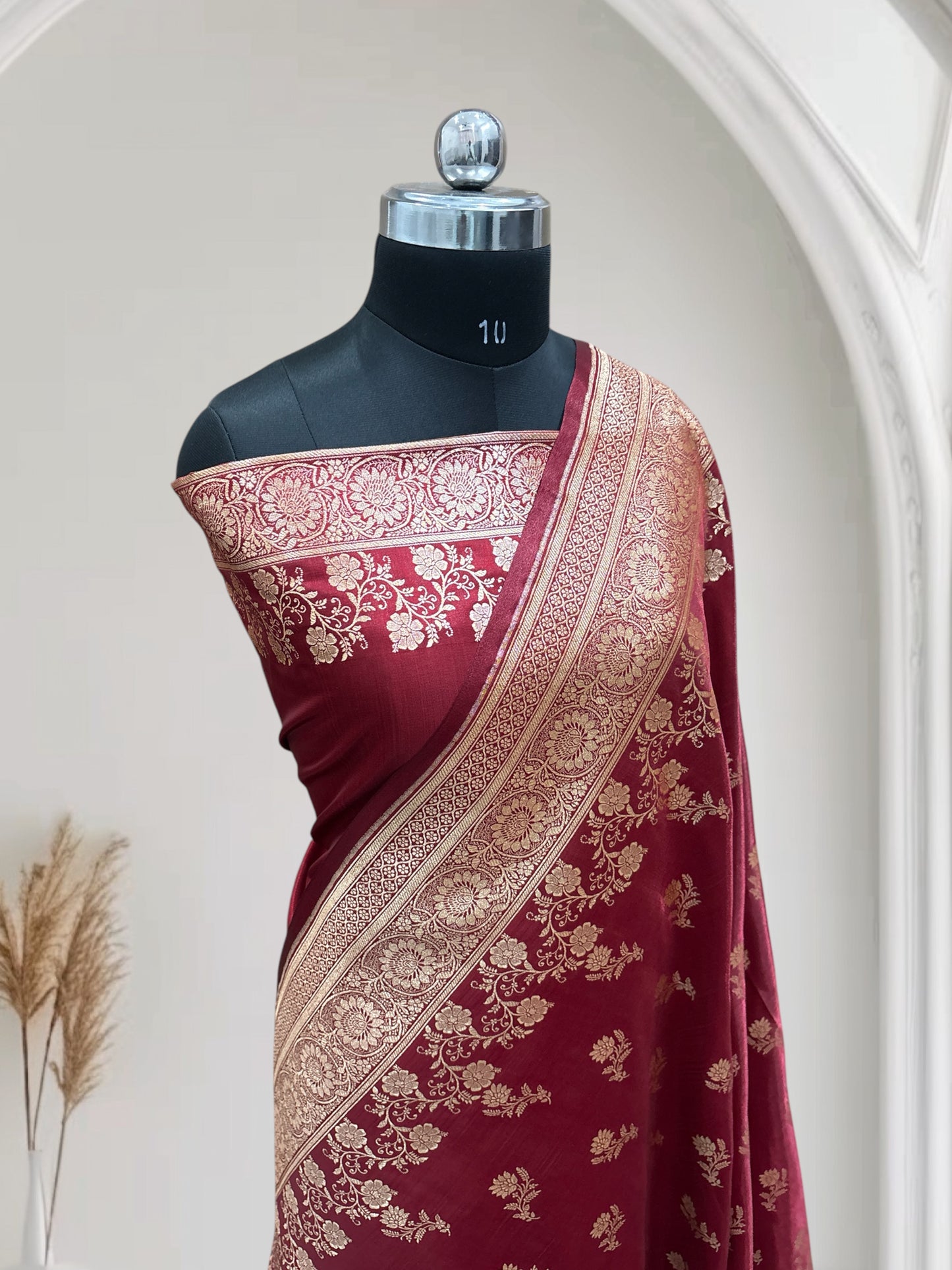 Maroon with Golden Zari Work and Rose Buti Design Satin Silk Banarasi Saree