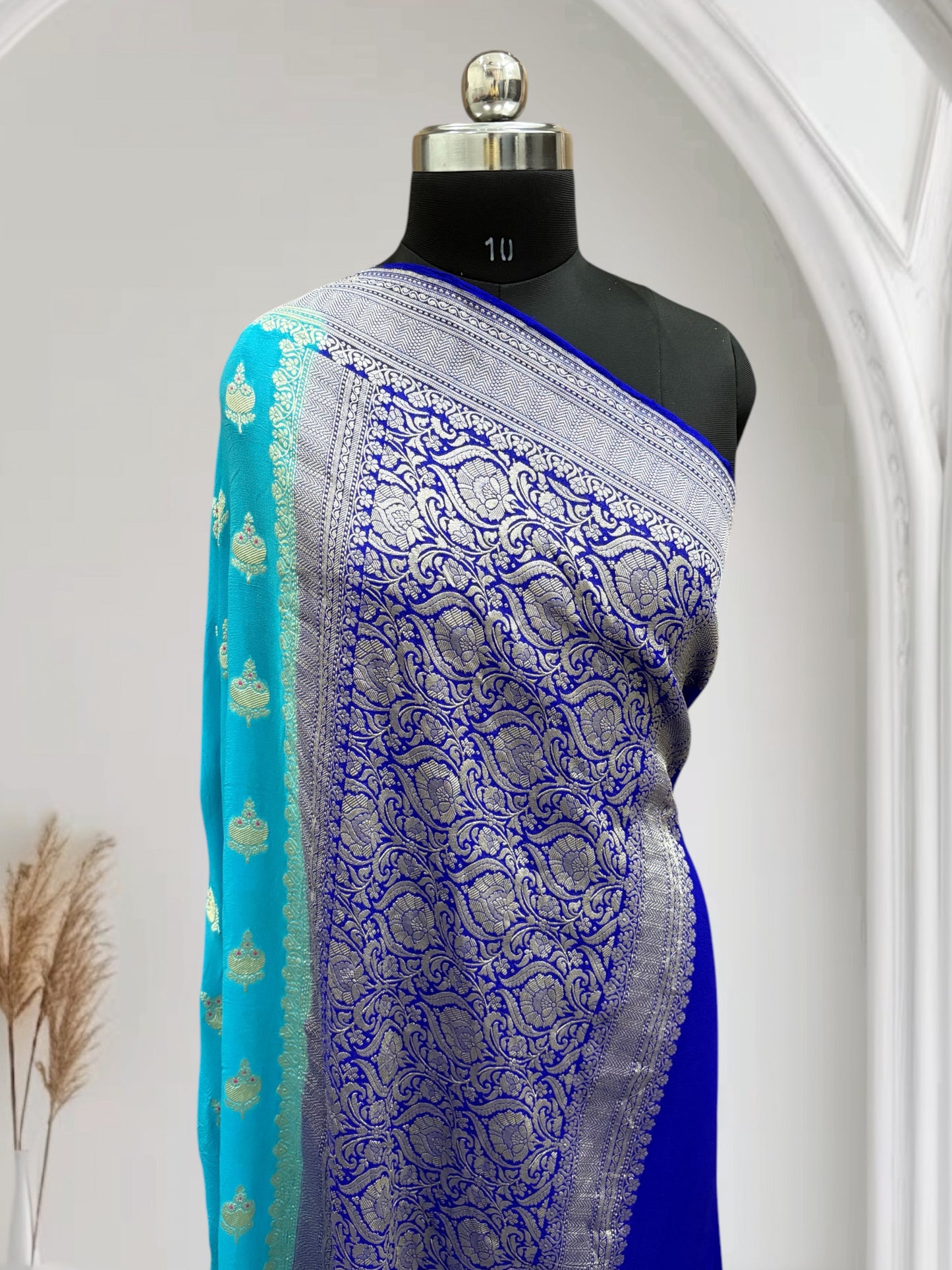 Royal Blue & Blue-Green Chiffon Pure Georgette Banarasi Saree