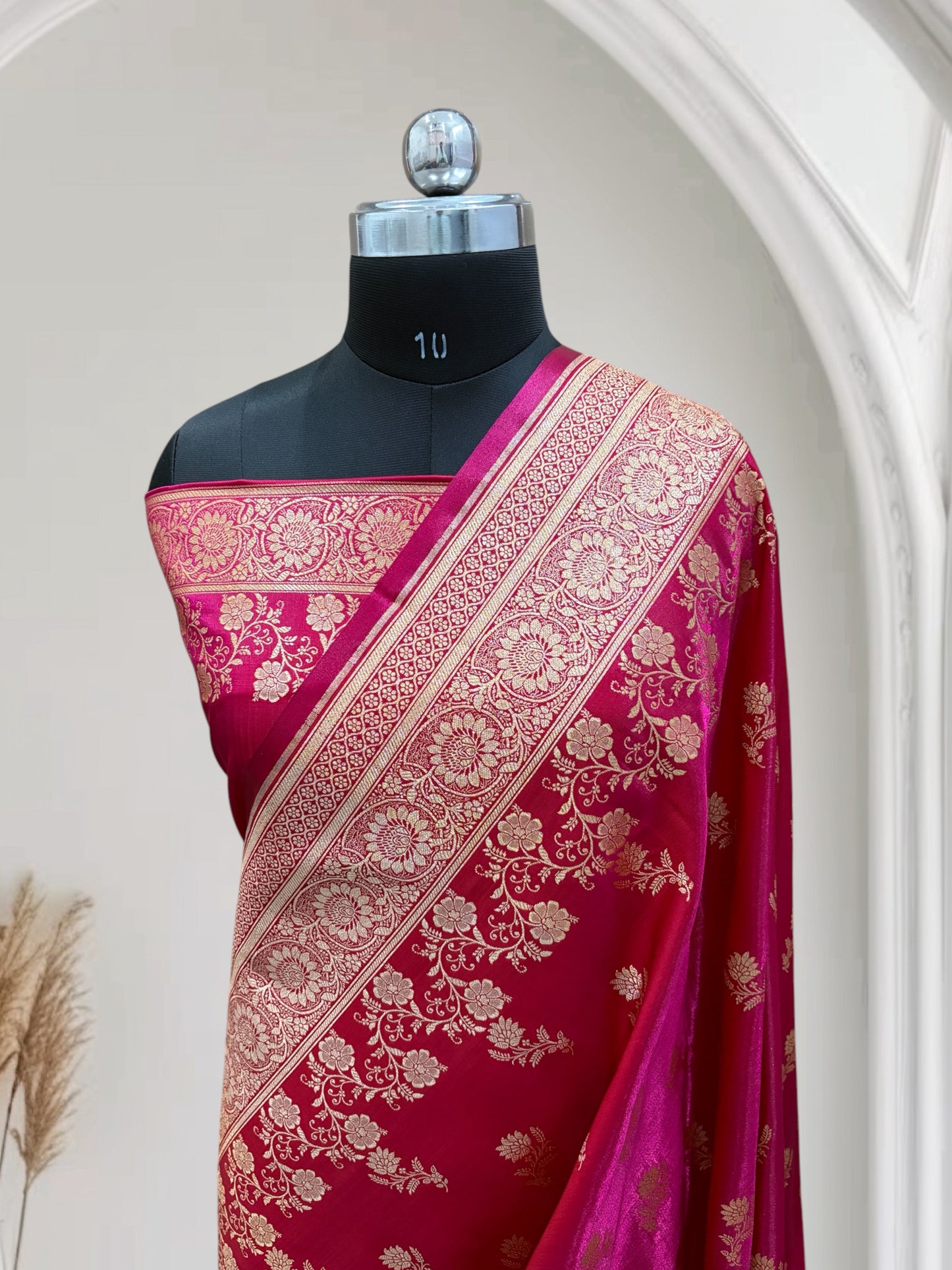 Rani with Red Shaded Zari Work and Rose Buti Design Satin Silk Banarasi Saree