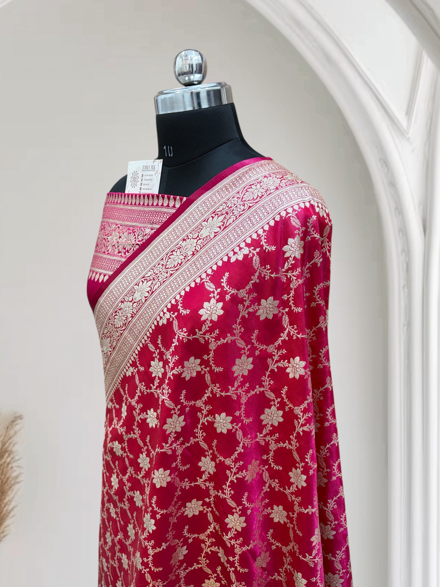 Satin Silk Banarasi Saree in Rani with Red Shaded