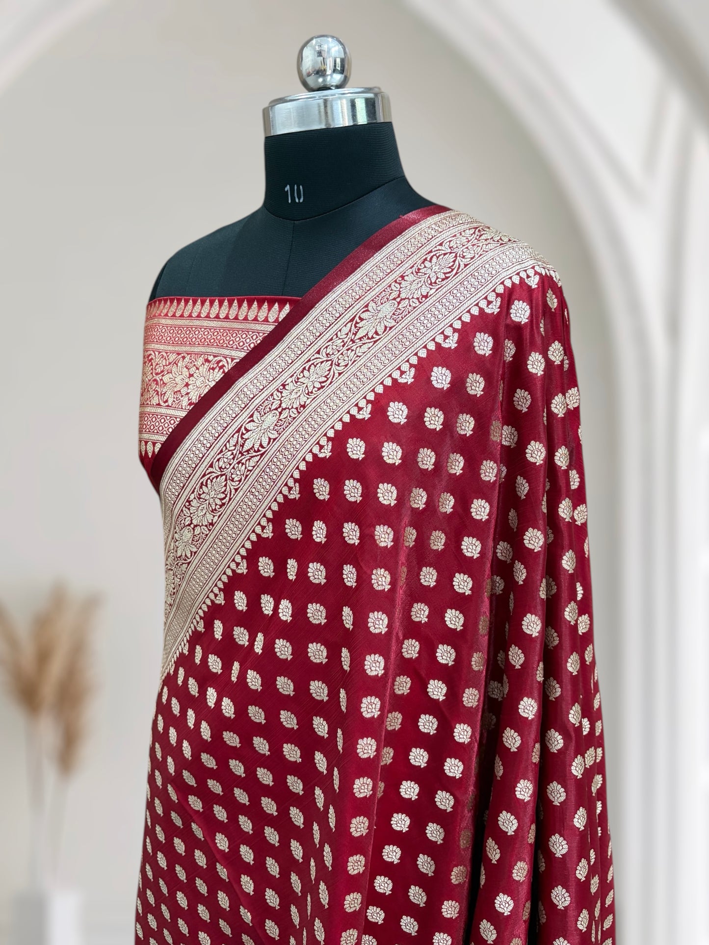 Maroon Buti Satin Silk Banarasi Saree