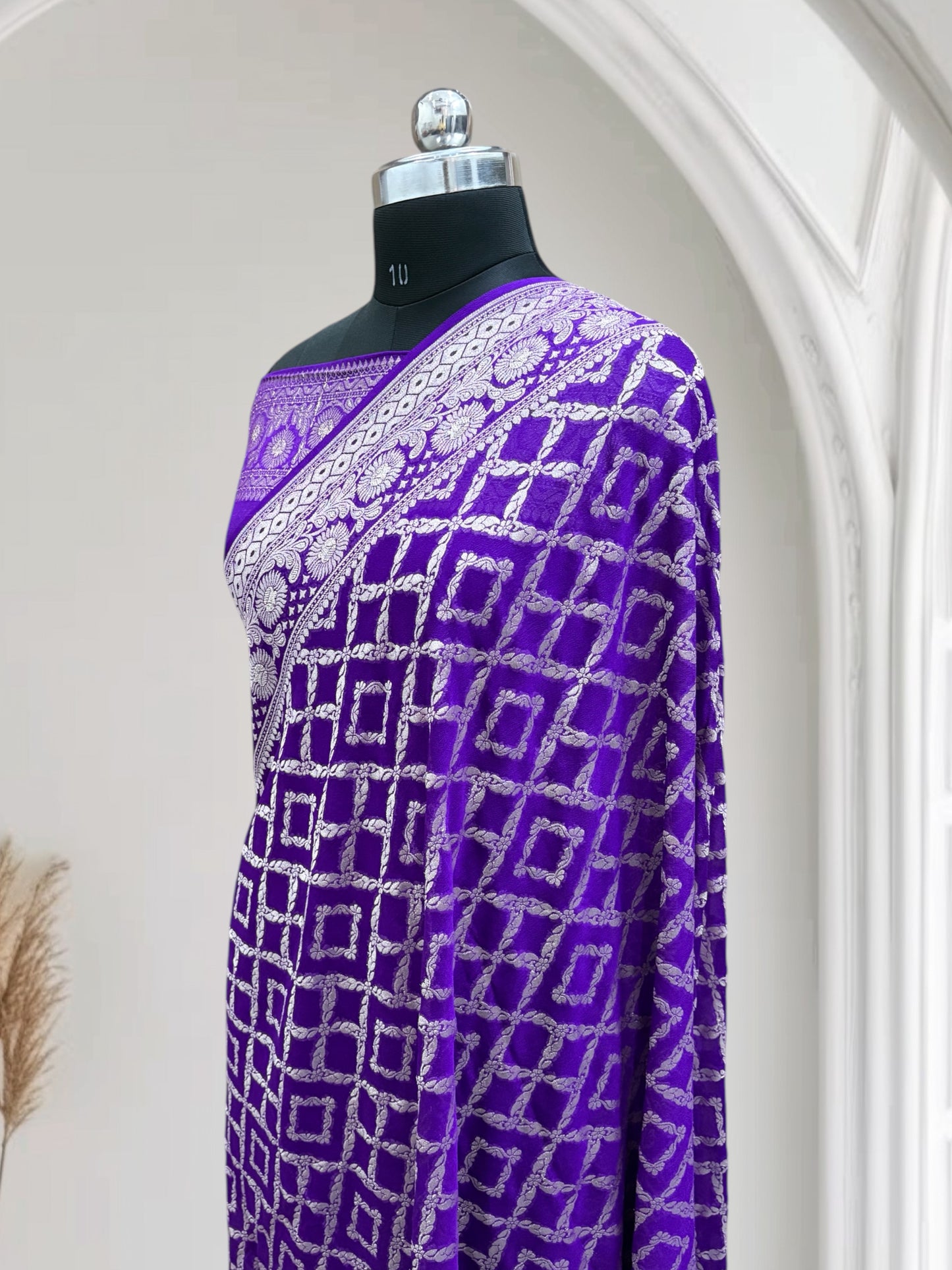 Blue-Magenta Violet Light Golden Zari Work Chiffon Pure Silk Banarasi Saree