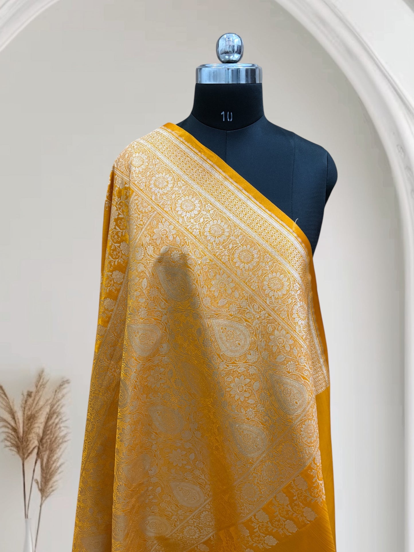 Haldi with Golden Zari Work and Rose Buti Design Satin Silk Banarasi Saree