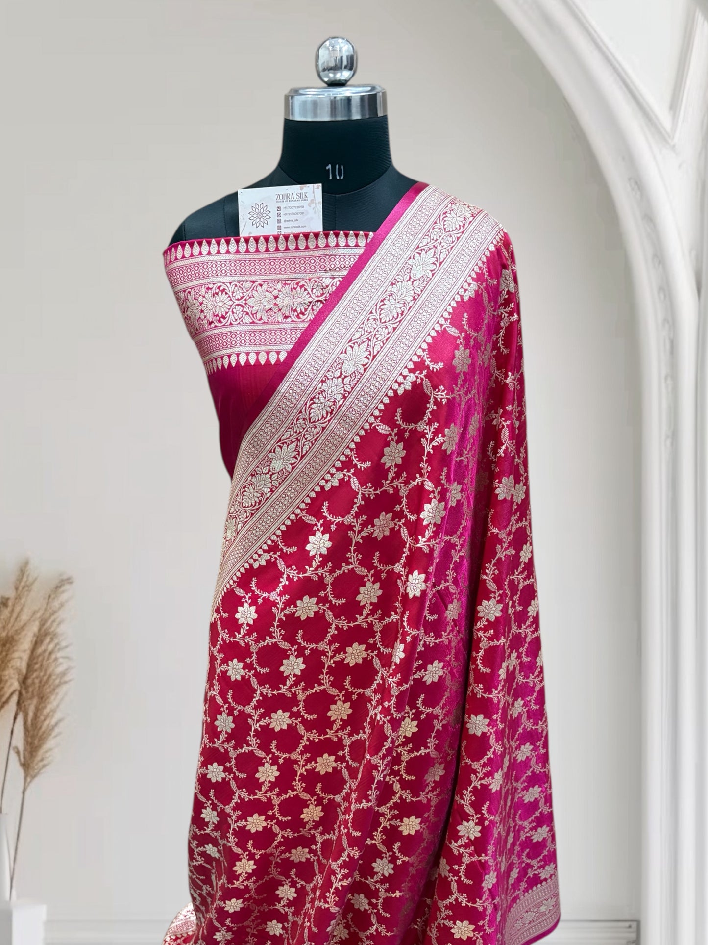 Satin Silk Banarasi Saree in Rani with Red Shaded
