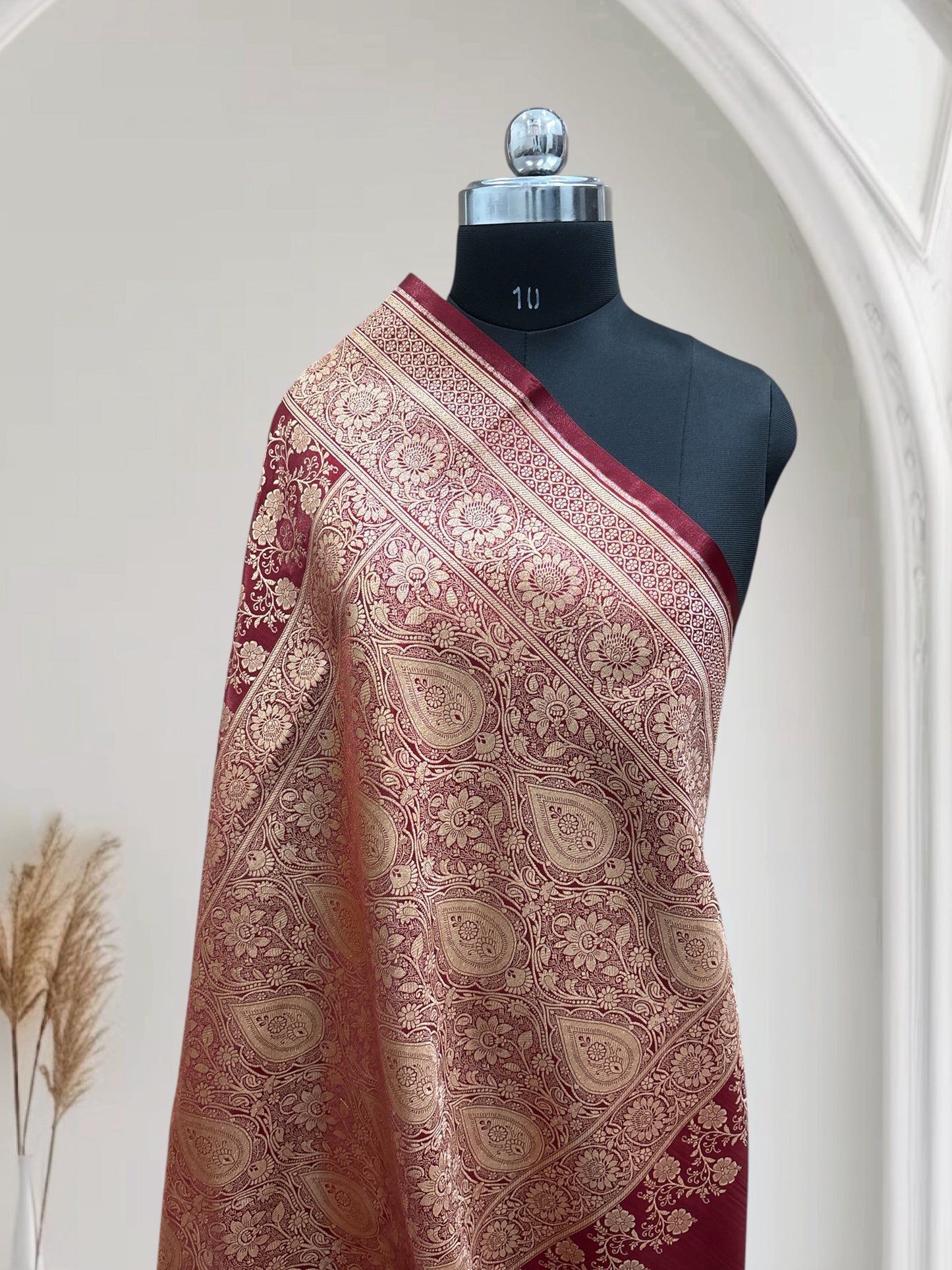 Maroon with Golden Zari Work and Rose Buti Design Satin Silk Banarasi Saree