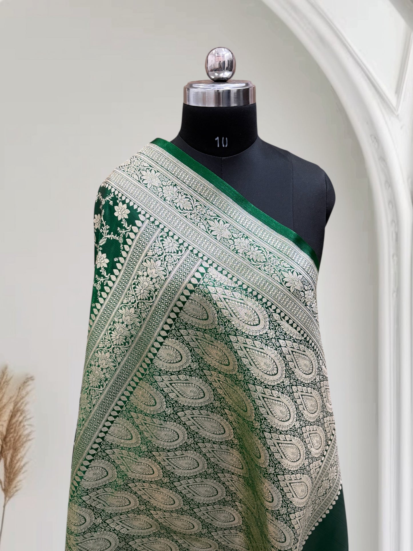 Satin Silk Banarasi Saree in Dark Green