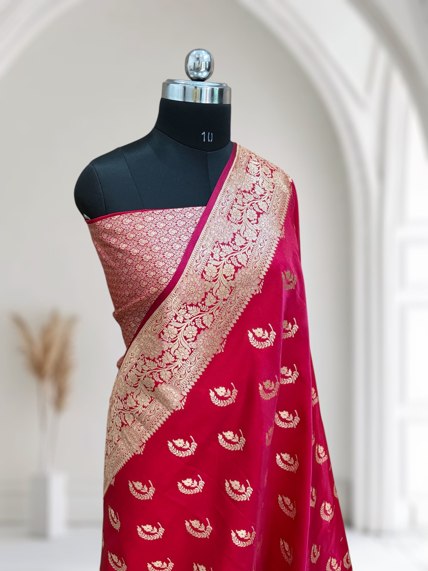 Red Chand Pattern Satin Silk Saree