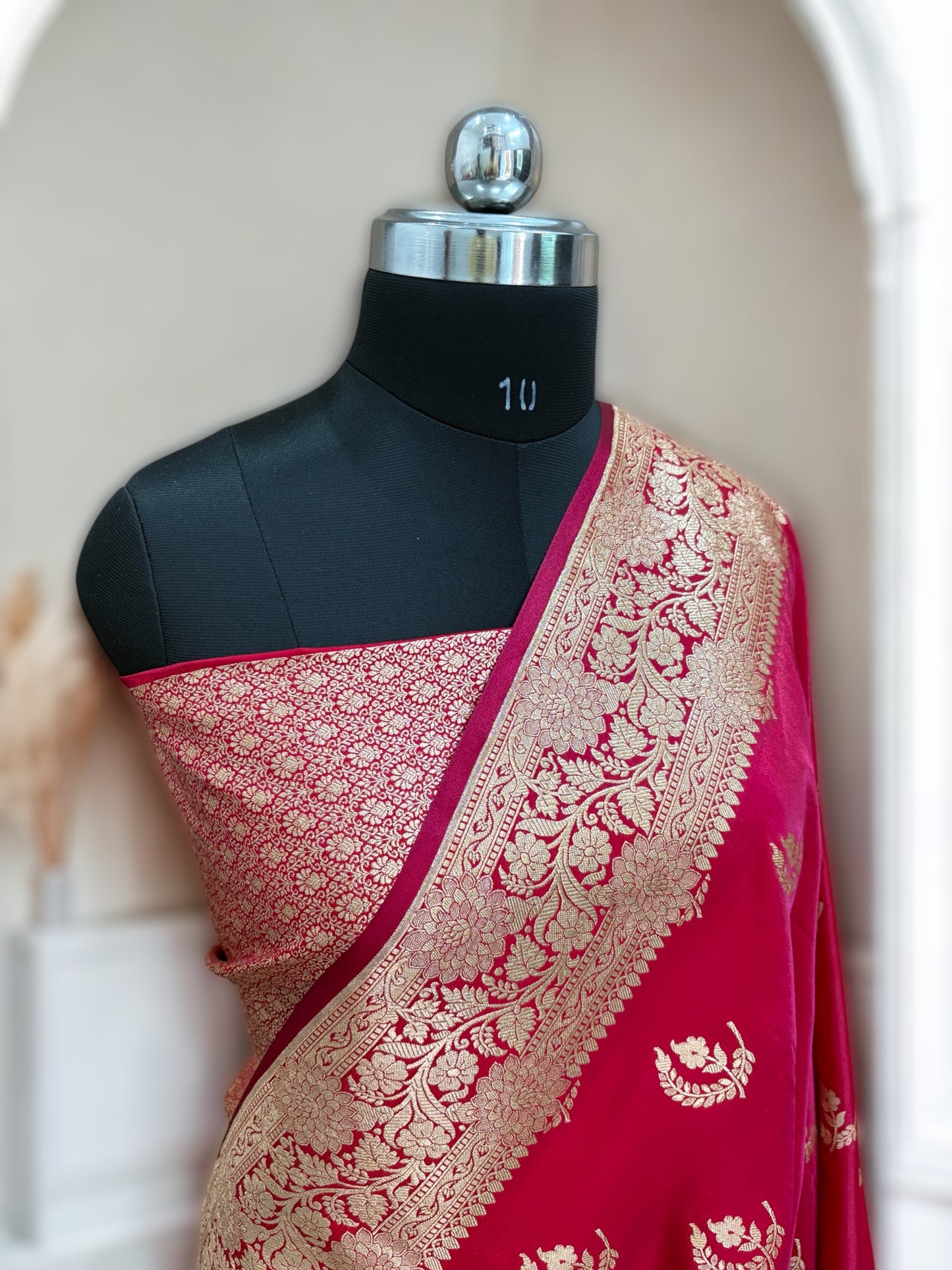 Red Chand Pattern Satin Silk Saree