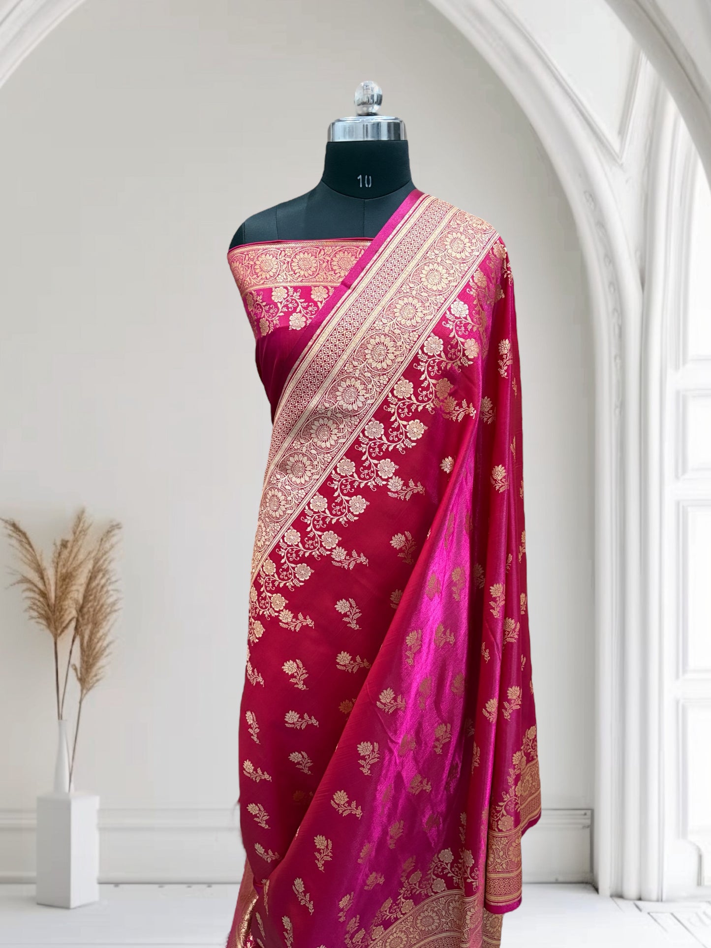 Rani with Red Shaded Zari Work and Rose Buti Design Satin Silk Banarasi Saree