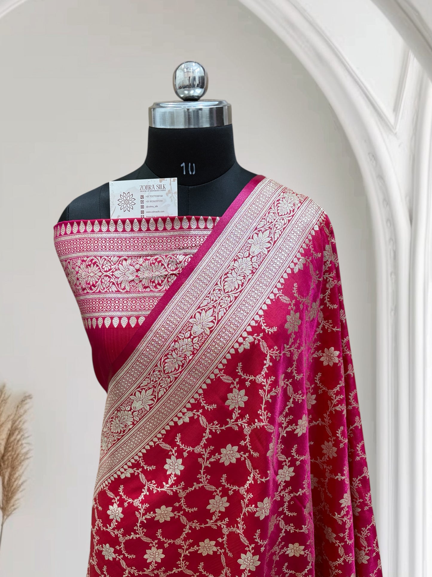 Satin Silk Banarasi Saree in Rani with Red Shaded