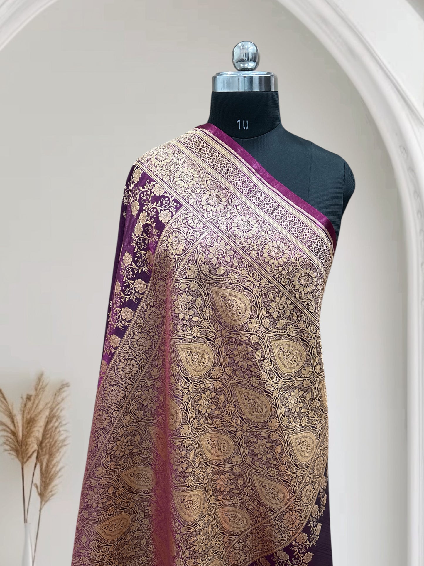 Magenta with Golden Zari Work and Rose Buti Design Satin Silk Banarasi Saree