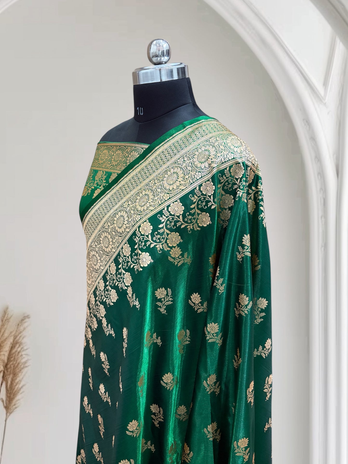 Green with Golden Zari Work and Rose Buti Design Satin Silk Banarasi Saree