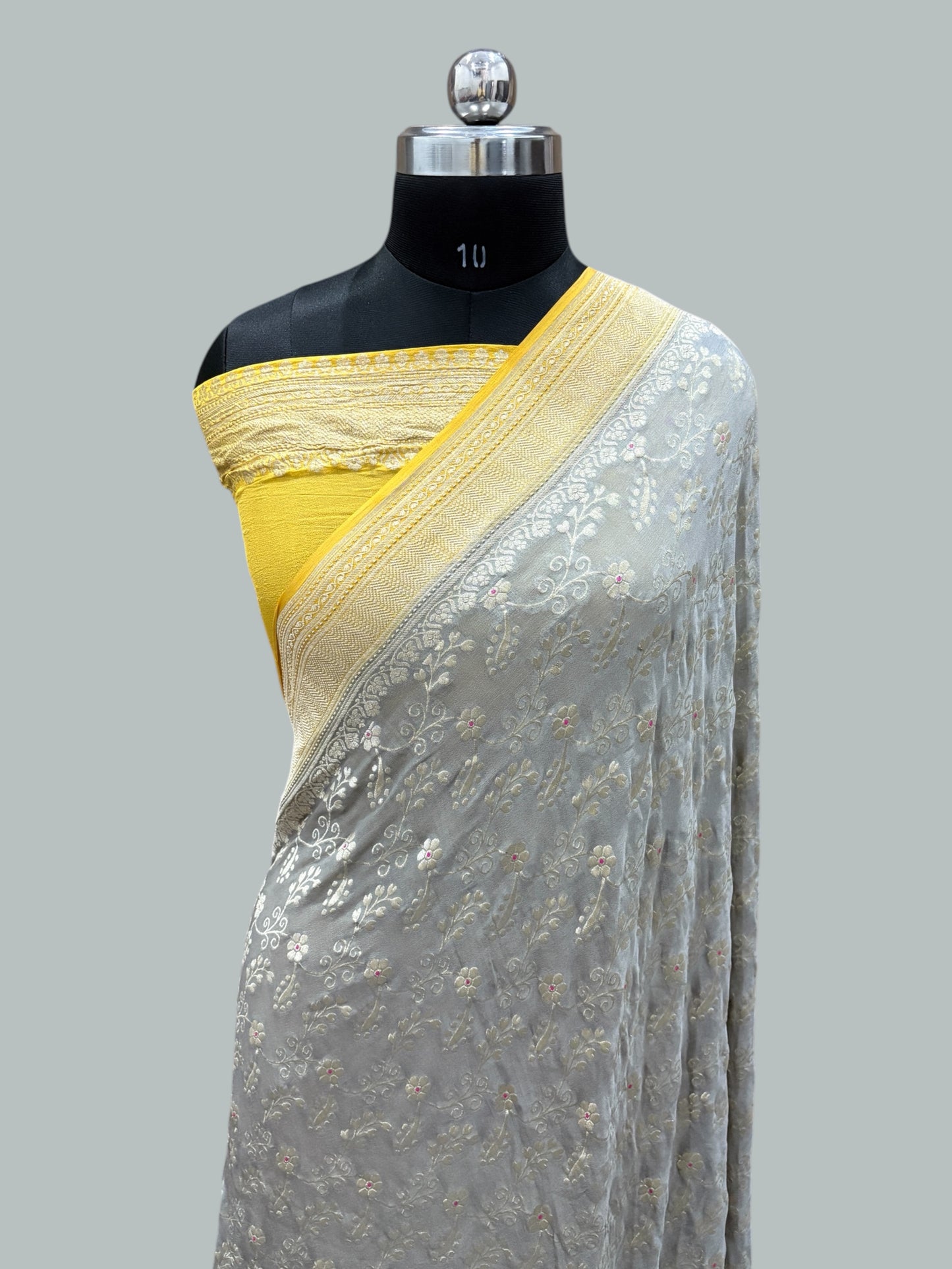 Yellow & Grey Pure Chiffon Georgette Banarasi Saree