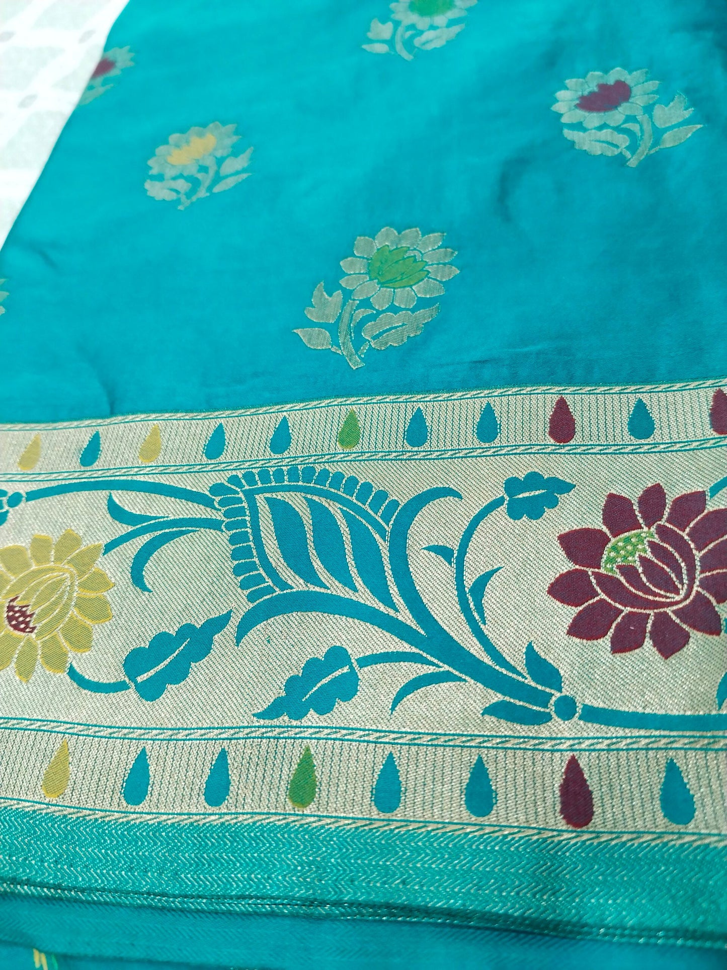 Blue-Green Golden Zari Mashru Silk Banarasi Saree