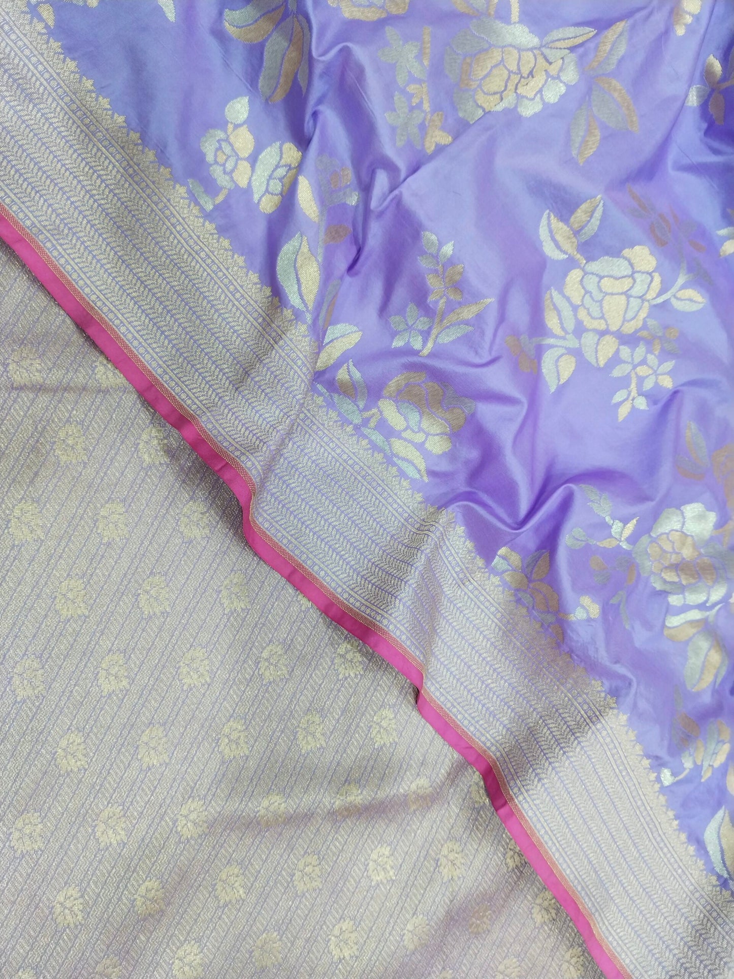 Purple with Golden & Silver Zari Pur Silk Banarasi Saree