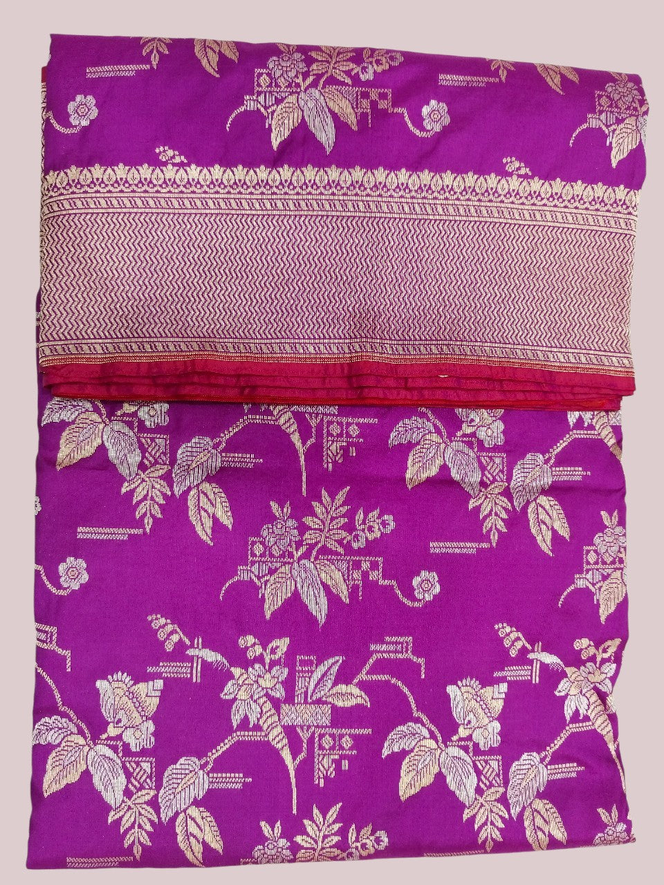 Magenta with Golden & Silver Zari Pure Silk Banarasi Sare