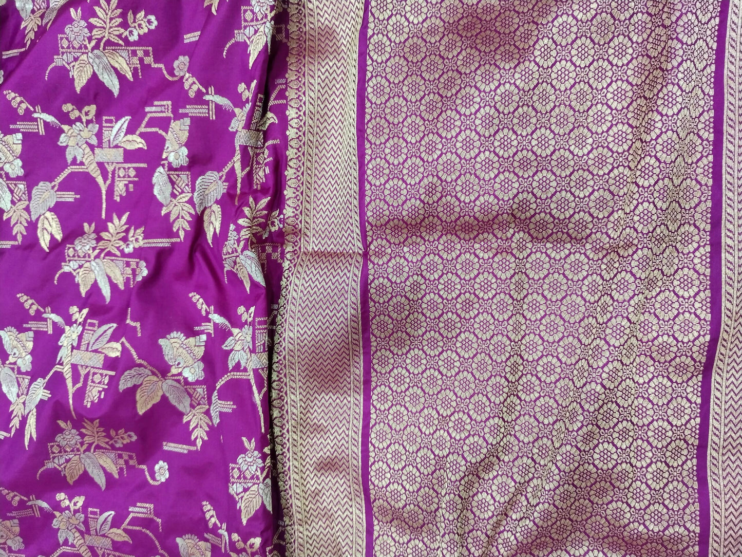 Magenta with Golden & Silver Zari Pure Silk Banarasi Sare