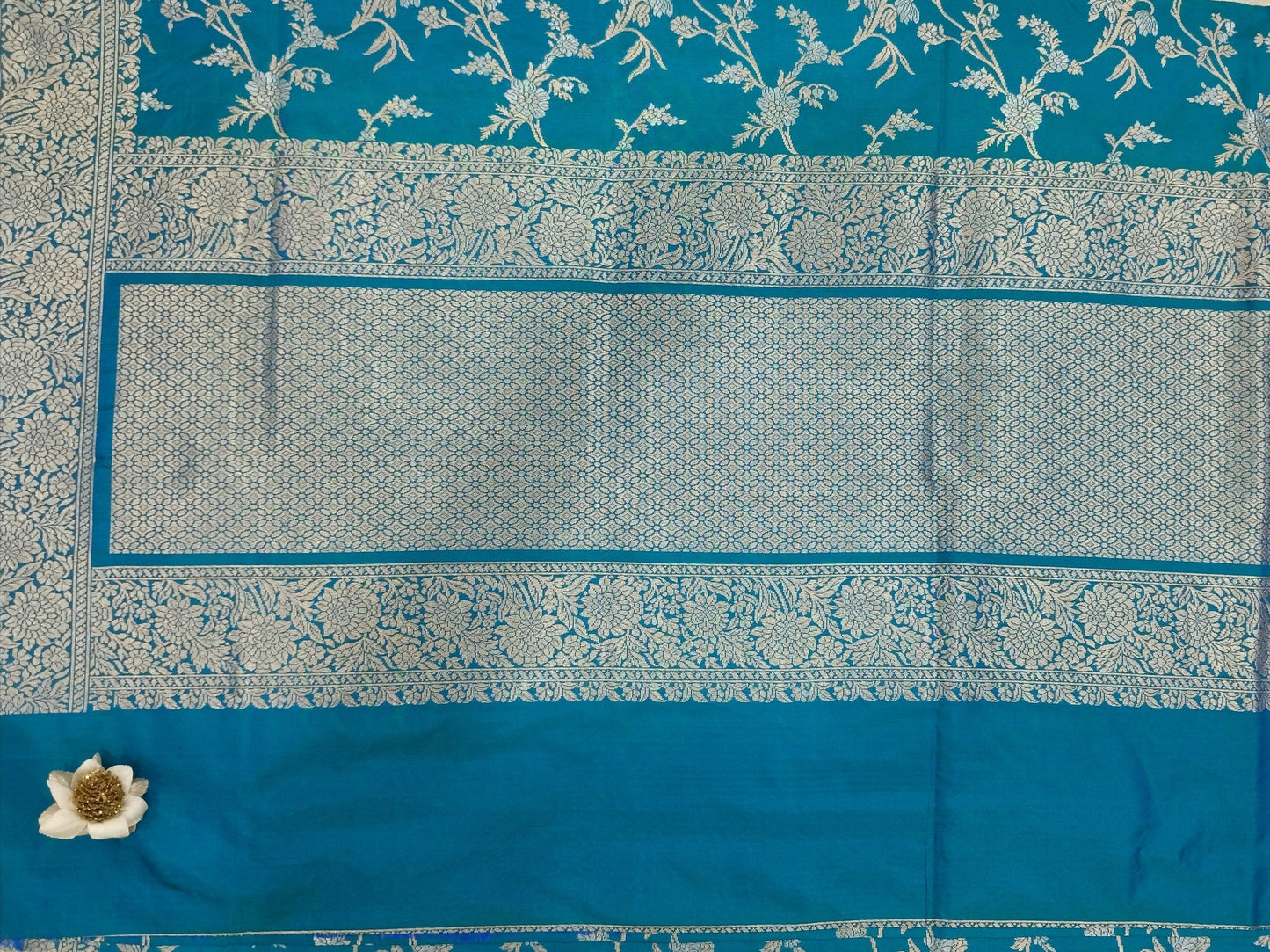 Blue-Green Golden & Silver Zari Pure Silk Banarasi Saree