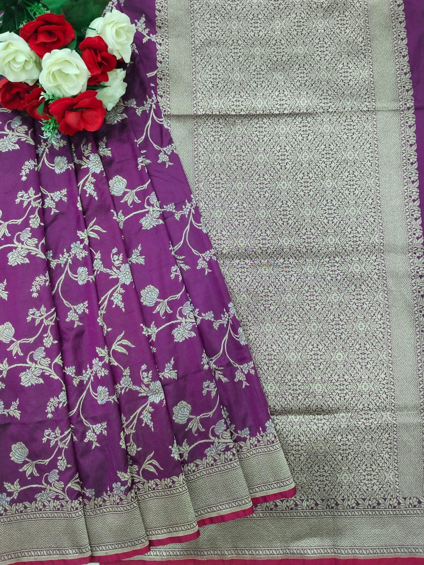 Rose Pink Golden & Silver Zari Pure Silk Banarasi Saree