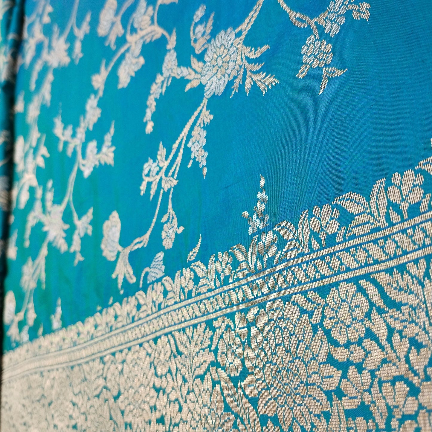 Blue-Green Golden & Silver Zari Pure Silk Banarasi Saree