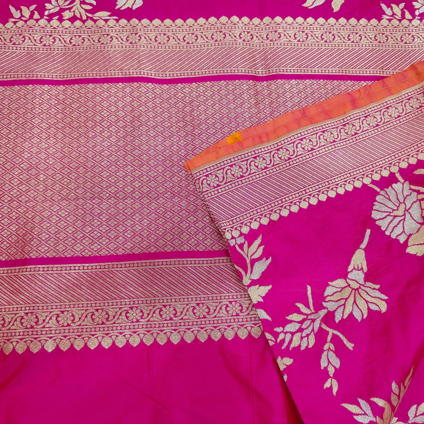 Pink Orange Tone Ganga Jamuna Pure Silk Banarasi Saree