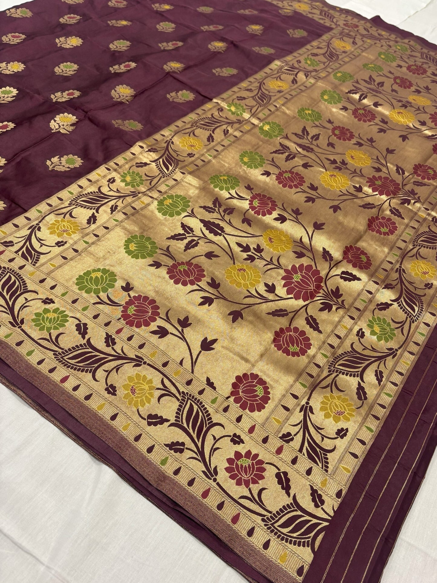 Brown Golden Zari Mashru Silk Banarasi Saree