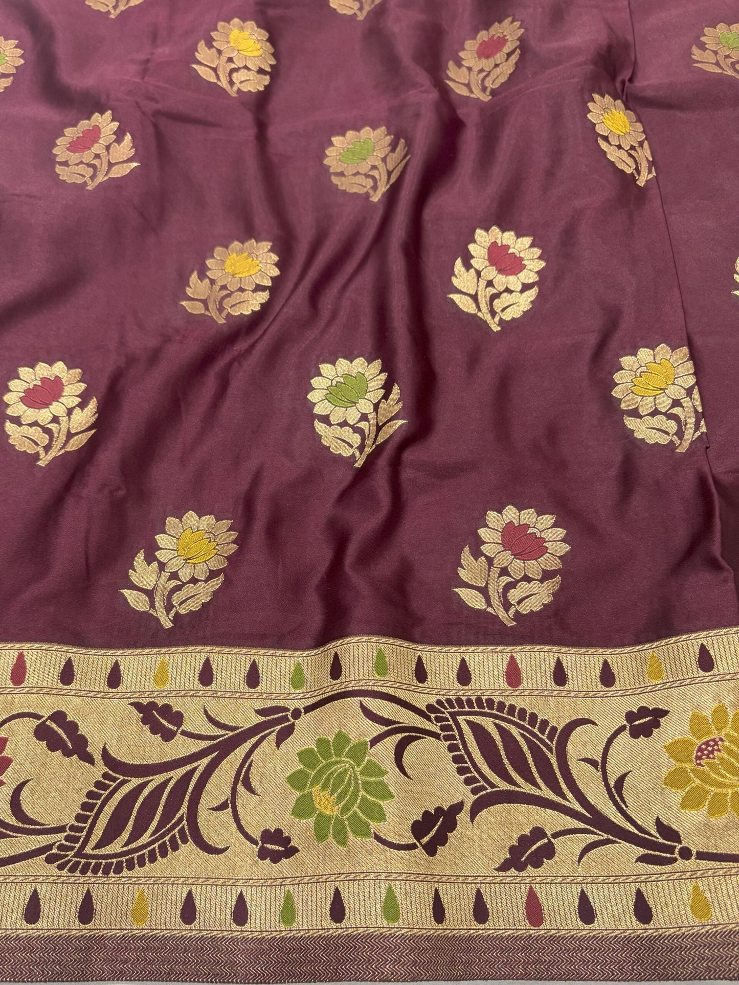 Brown Golden Zari Mashru Silk Banarasi Saree