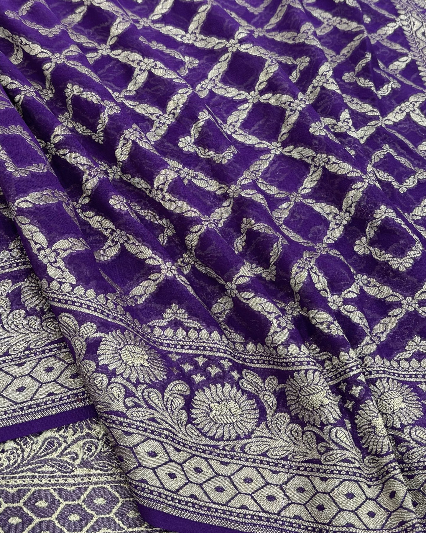 Blue-Magenta Violet Light Golden Zari Work Chiffon Pure Silk Banarasi Saree