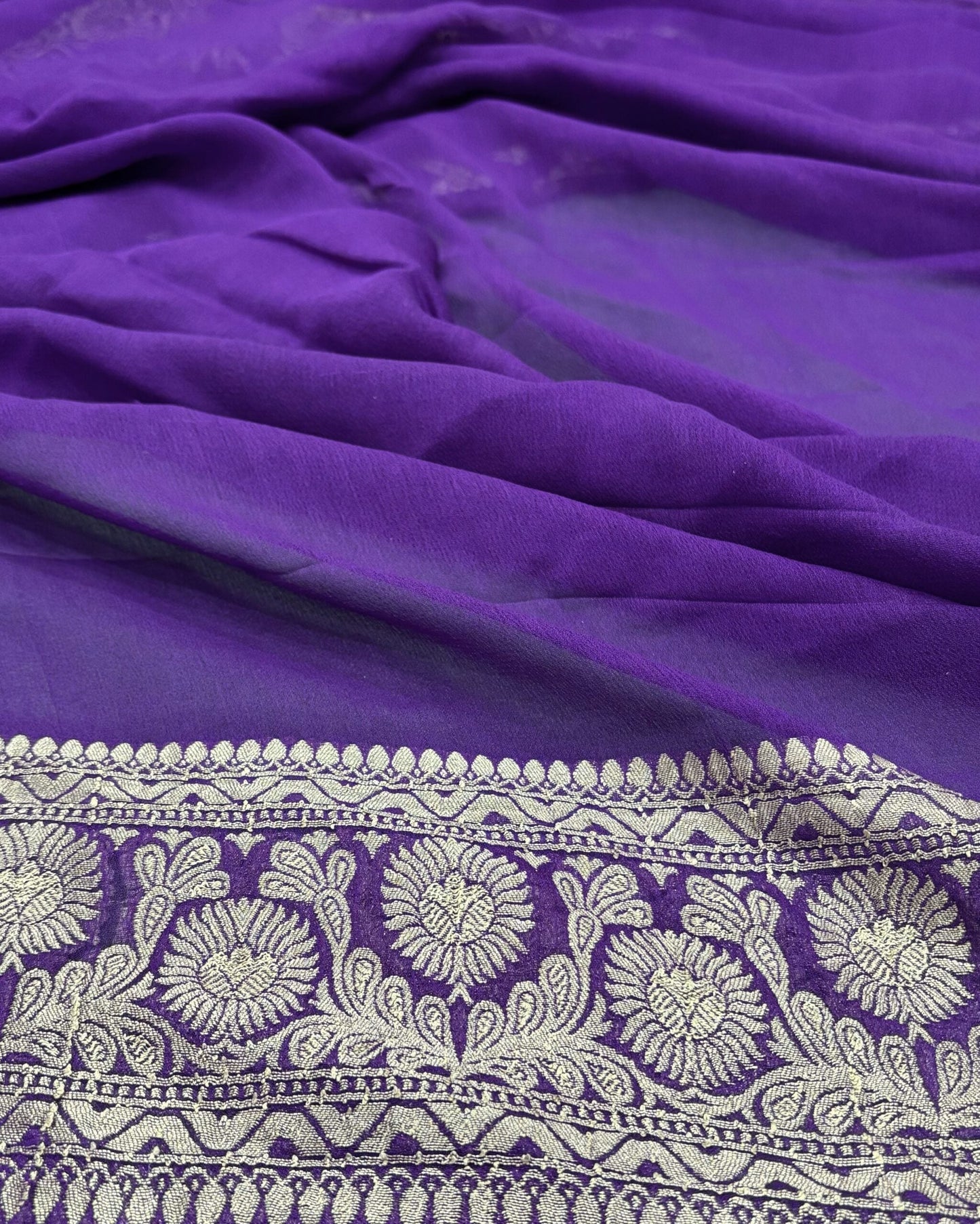 Blue-Magenta Violet Light Golden Zari Work Chiffon Pure Silk Banarasi Saree