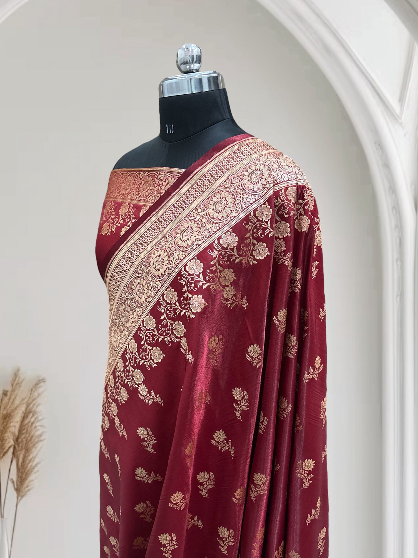 Maroon with Golden Zari Work and Rose Buti Design Satin Silk Banarasi Saree
