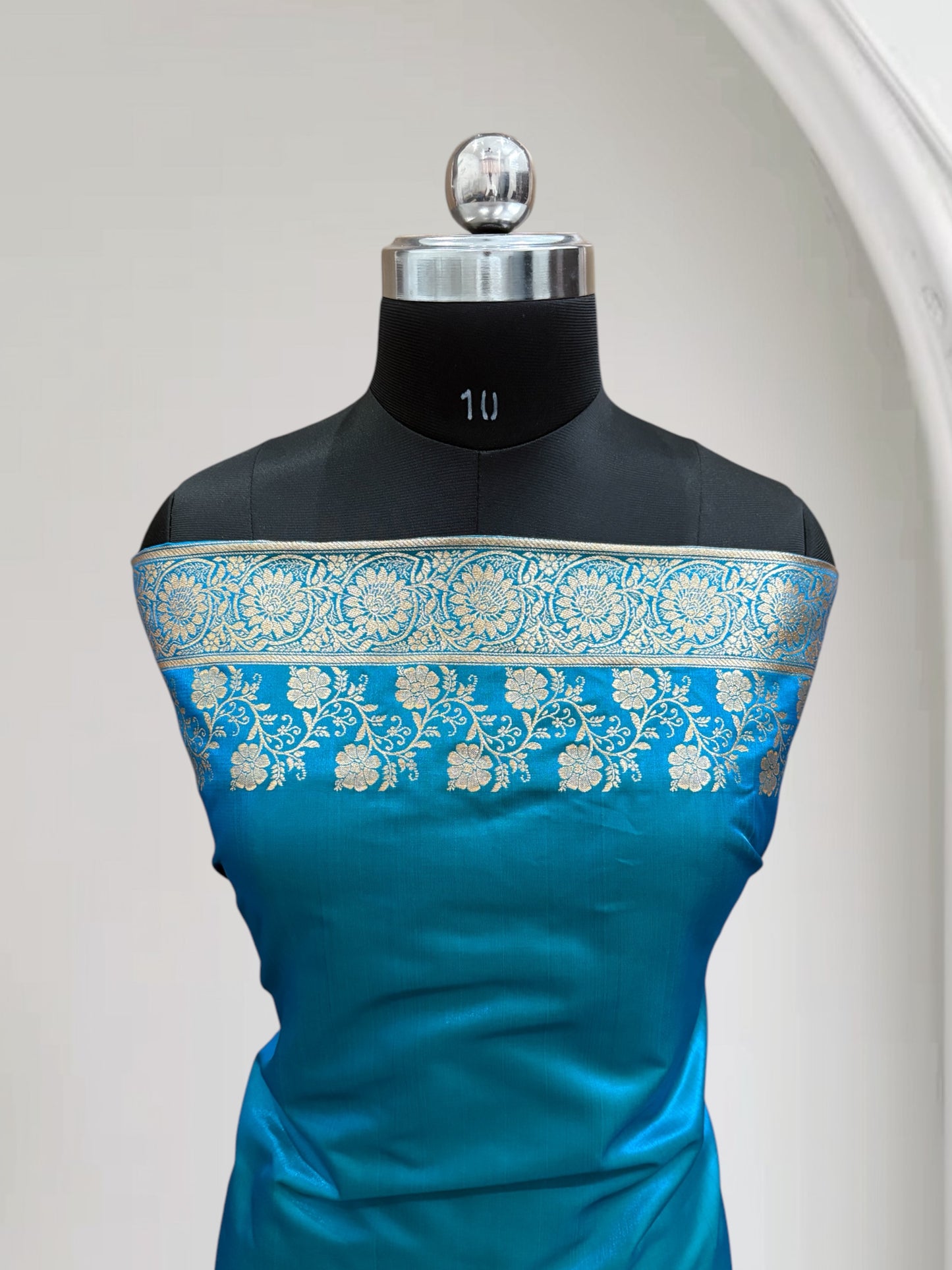 Firoza with Golden Zari Work and Rose Buti Design Satin Silk Banarasi Saree