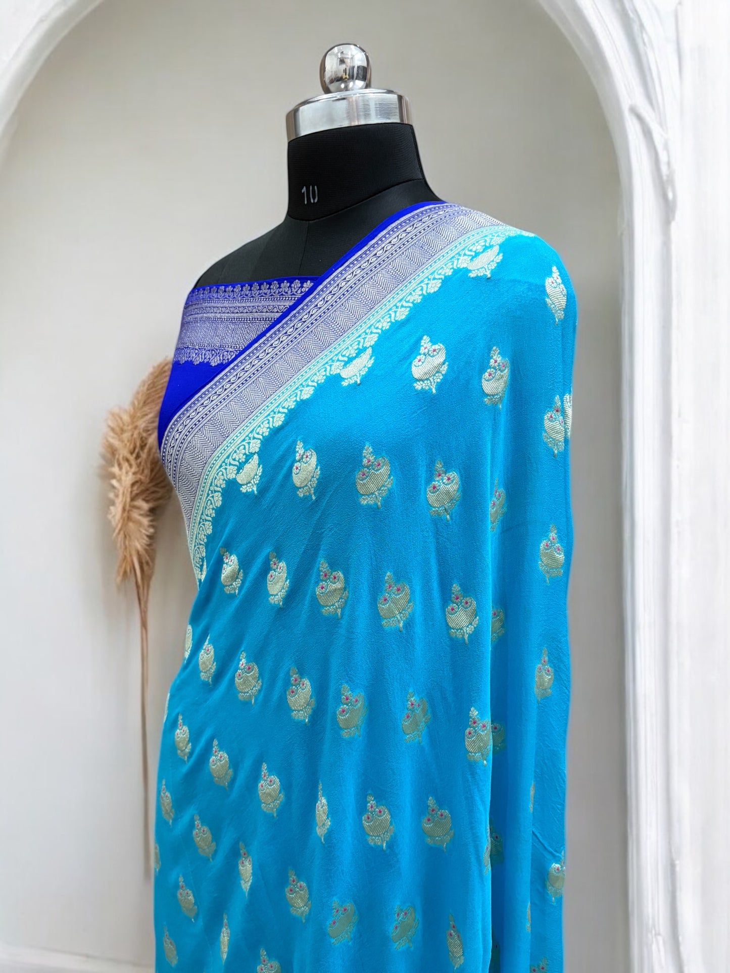 Royal Blue & Blue-Green Chiffon Pure Georgette Banarasi Saree
