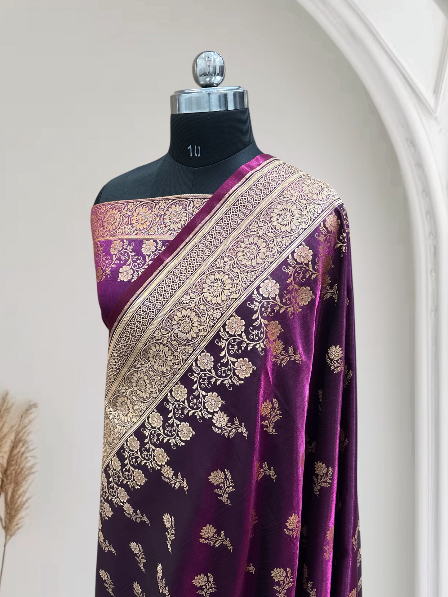 Magenta with Golden Zari Work and Rose Buti Design Satin Silk Banarasi Saree