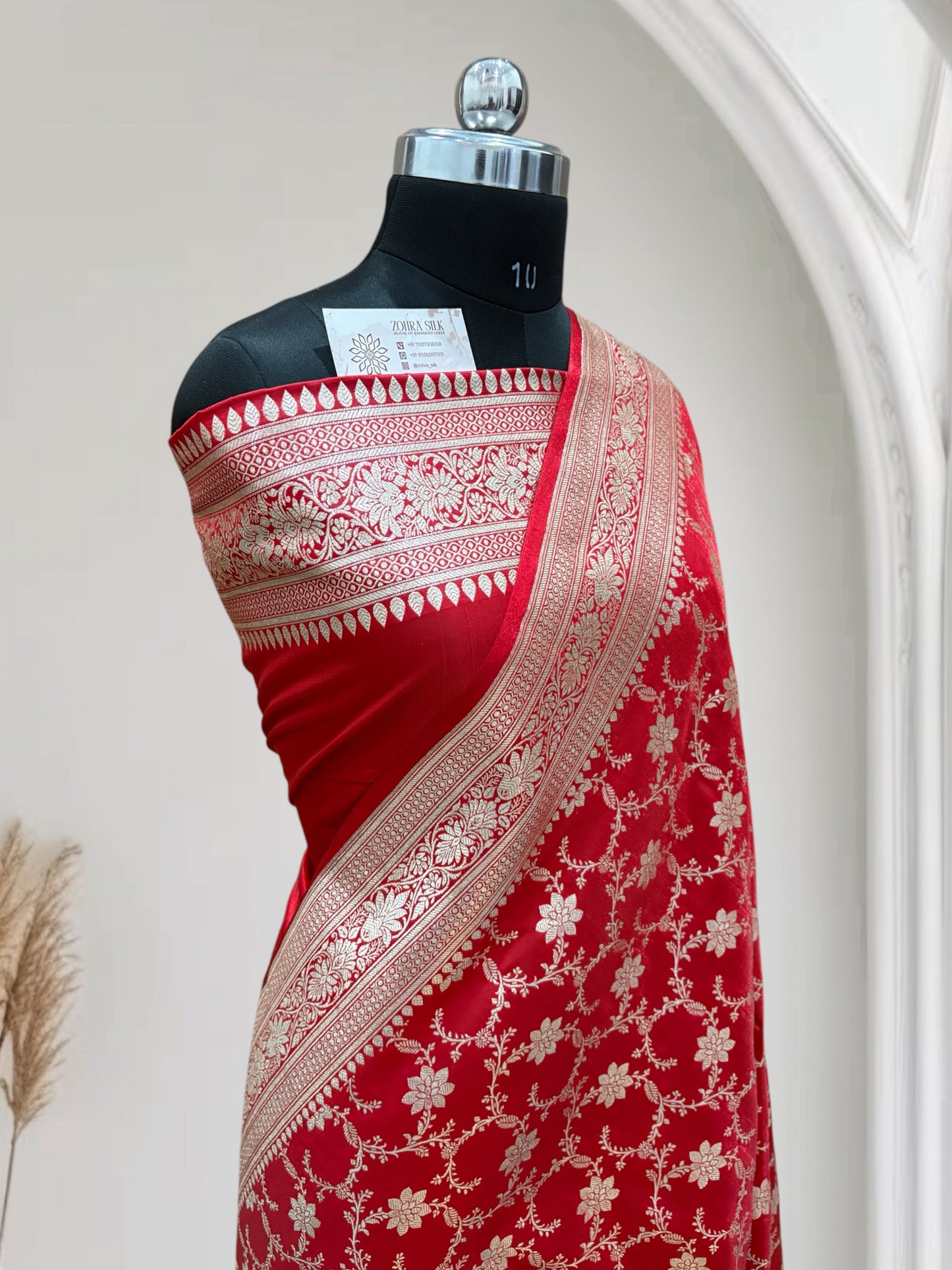 Red Jaal Pttern Satin Silk Saree