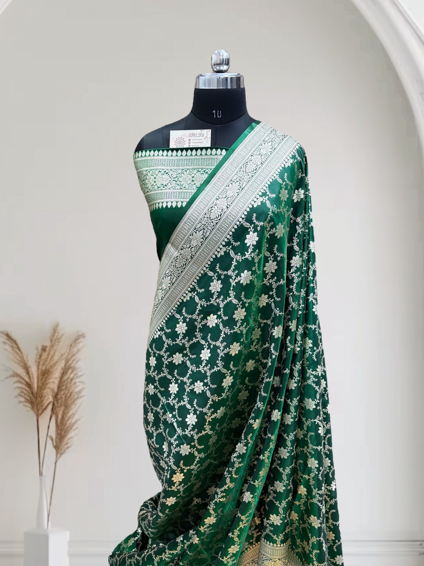 Satin Silk Banarasi Saree in Dark Green