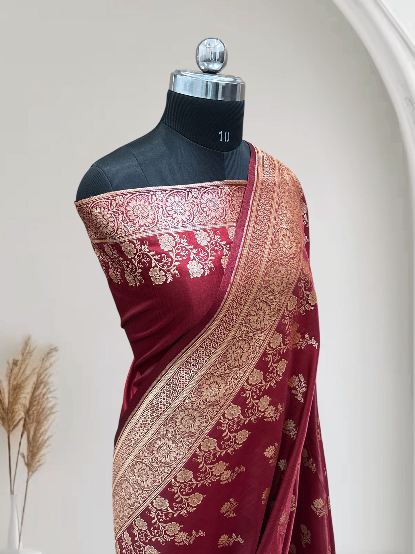Maroon with Golden Zari Work and Rose Buti Design Satin Silk Banarasi Saree