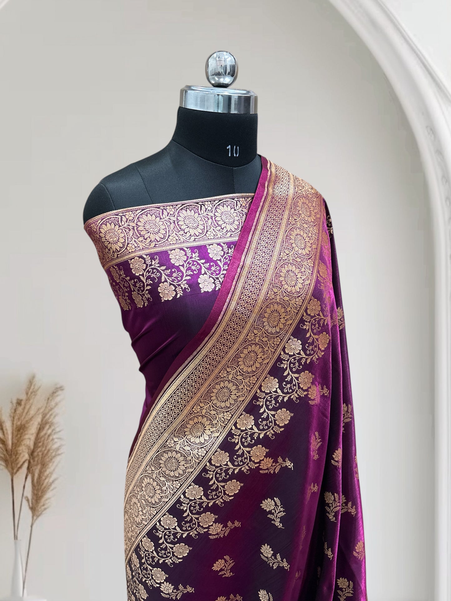 Magenta with Golden Zari Work and Rose Buti Design Satin Silk Banarasi Saree