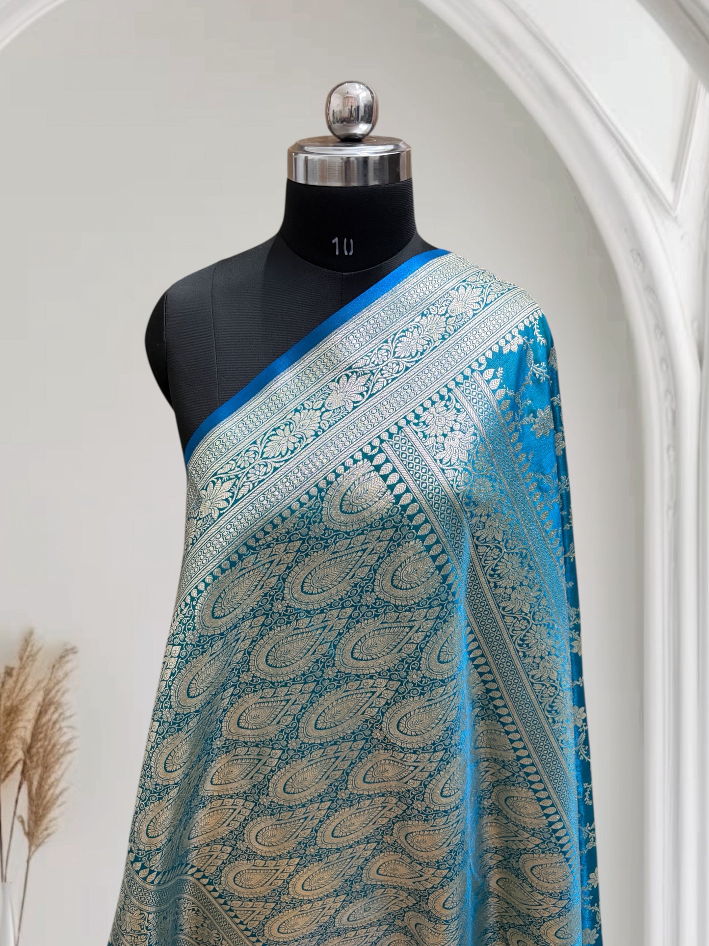 Satin Silk Banarasi Saree in Firoza