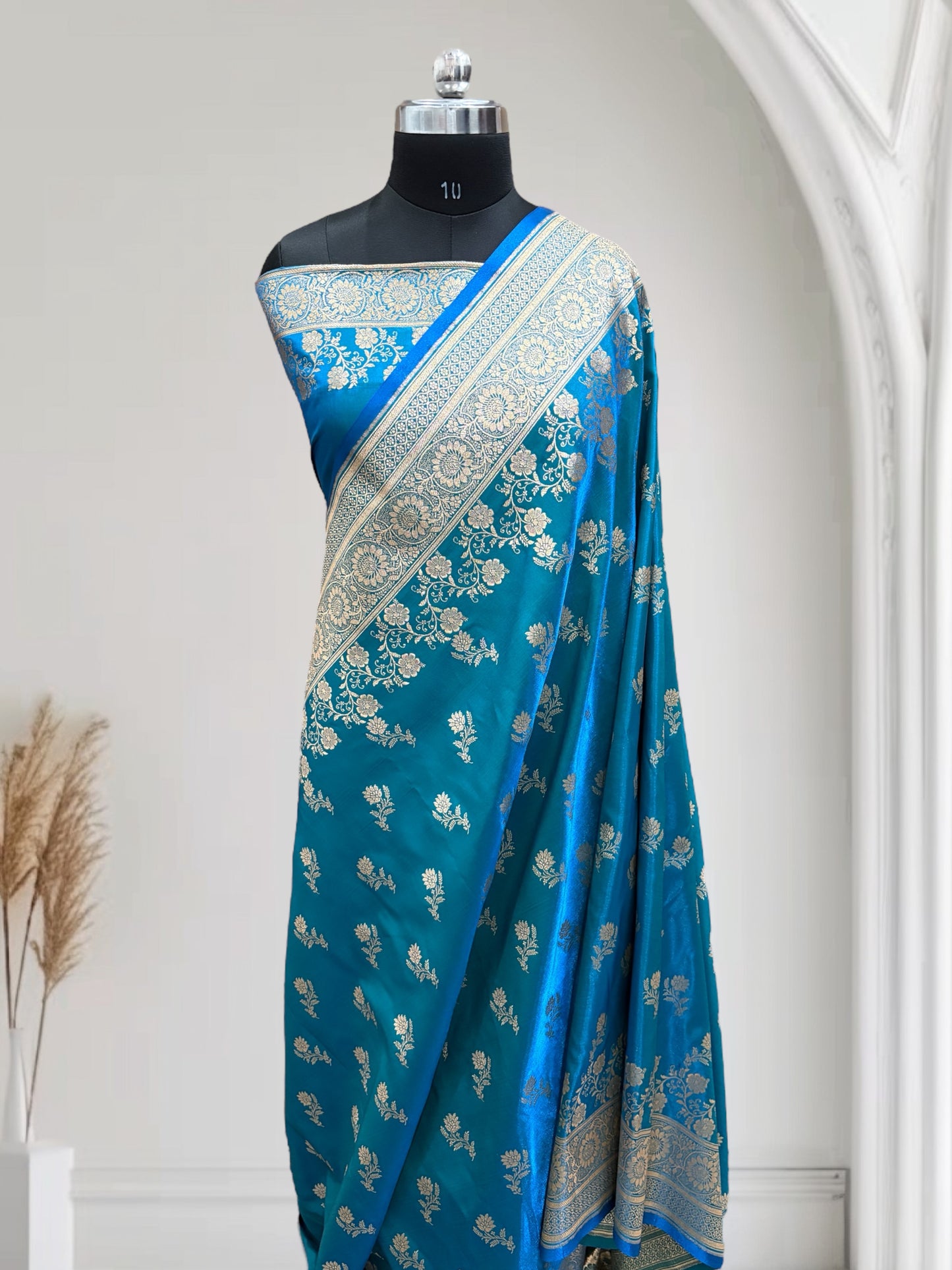 Firoza with Golden Zari Work and Rose Buti Design Satin Silk Banarasi Saree