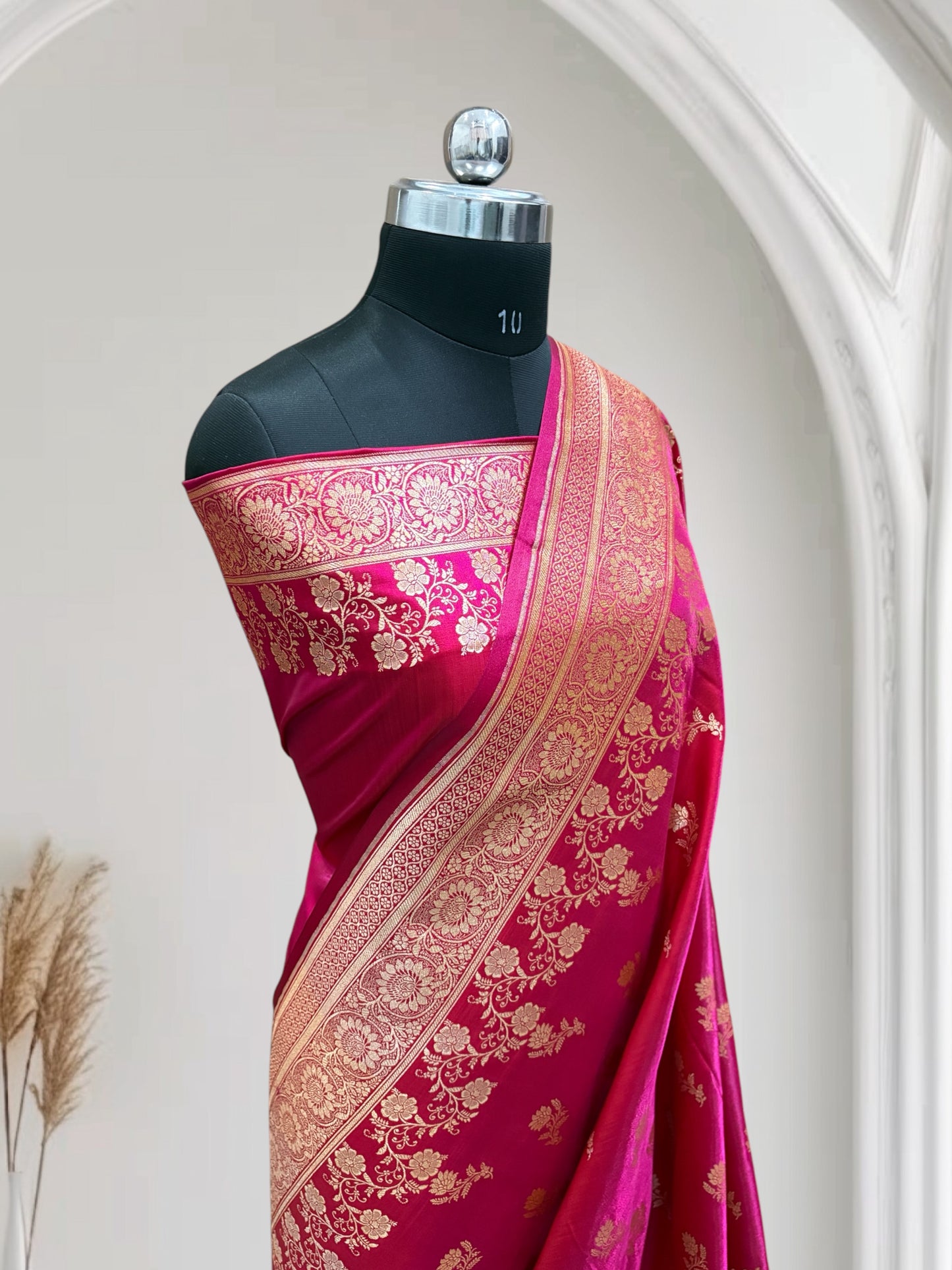 Rani with Red Shaded Zari Work and Rose Buti Design Satin Silk Banarasi Saree