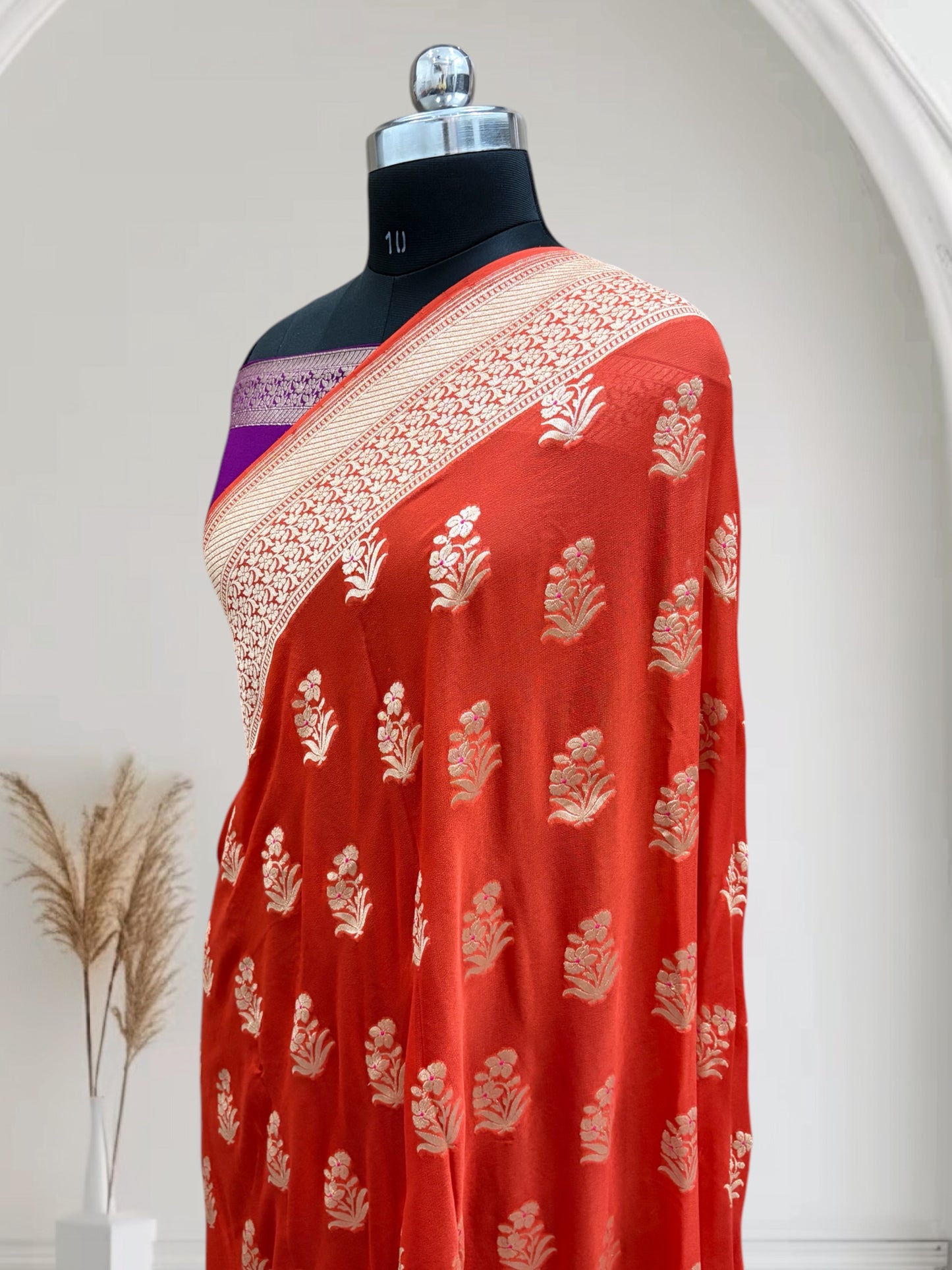 Orange & Violet Chiffon Pure Georgette Banarasi Saree