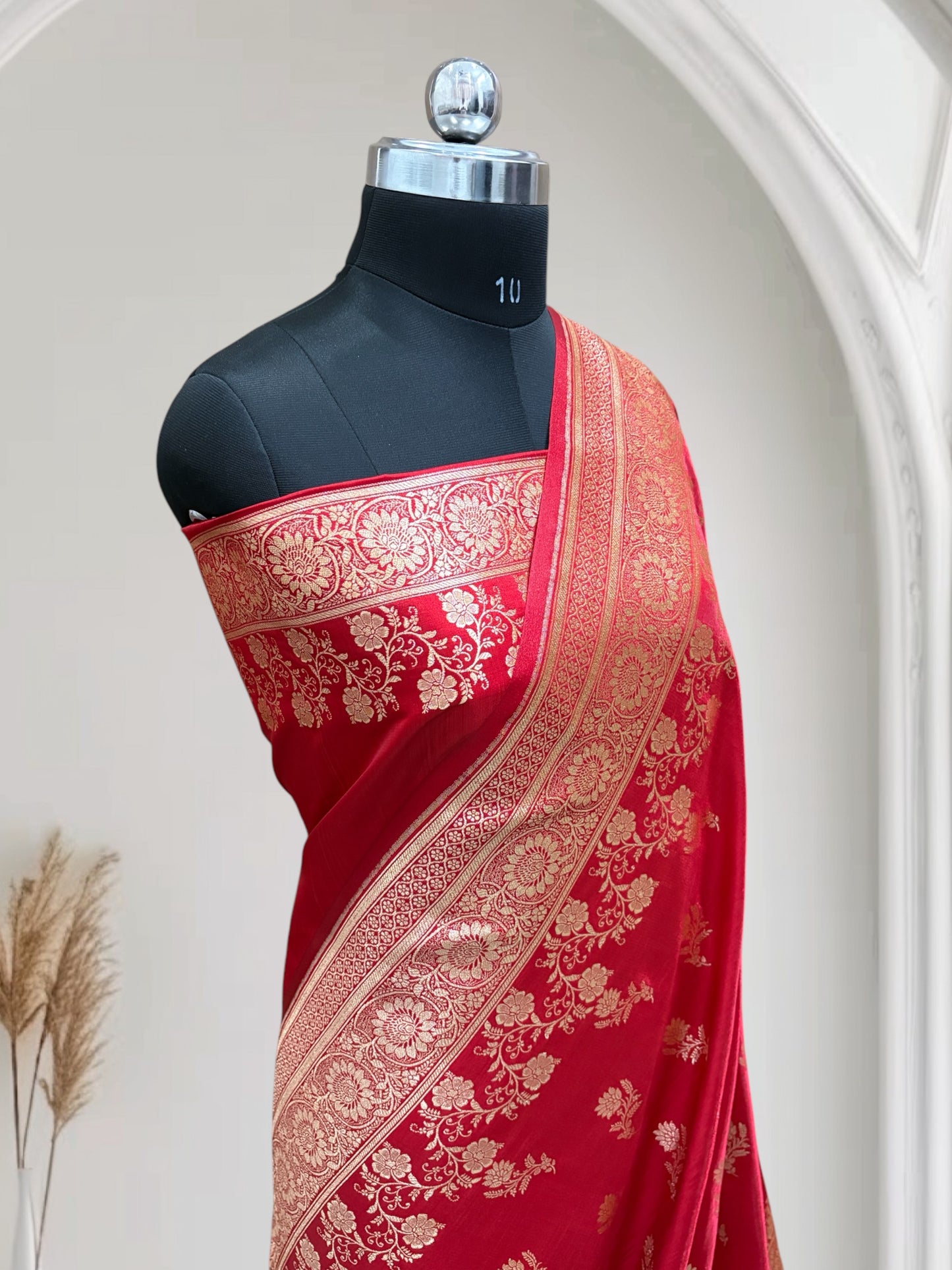 Red with Golden Zari Work and Rose Buti Design Satin Silk Banarasi Saree
