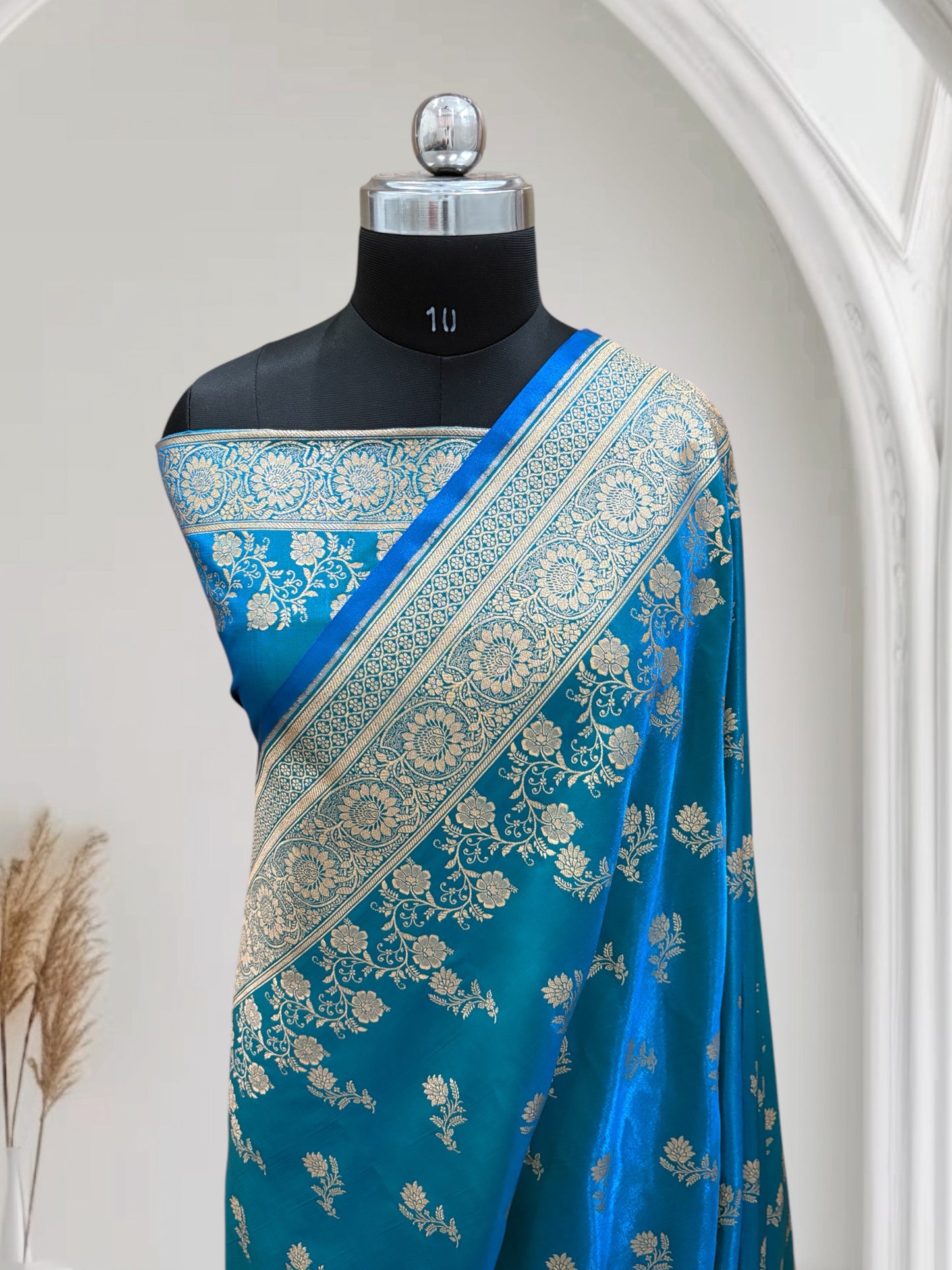 Firoza with Golden Zari Work and Rose Buti Design Satin Silk Banarasi Saree