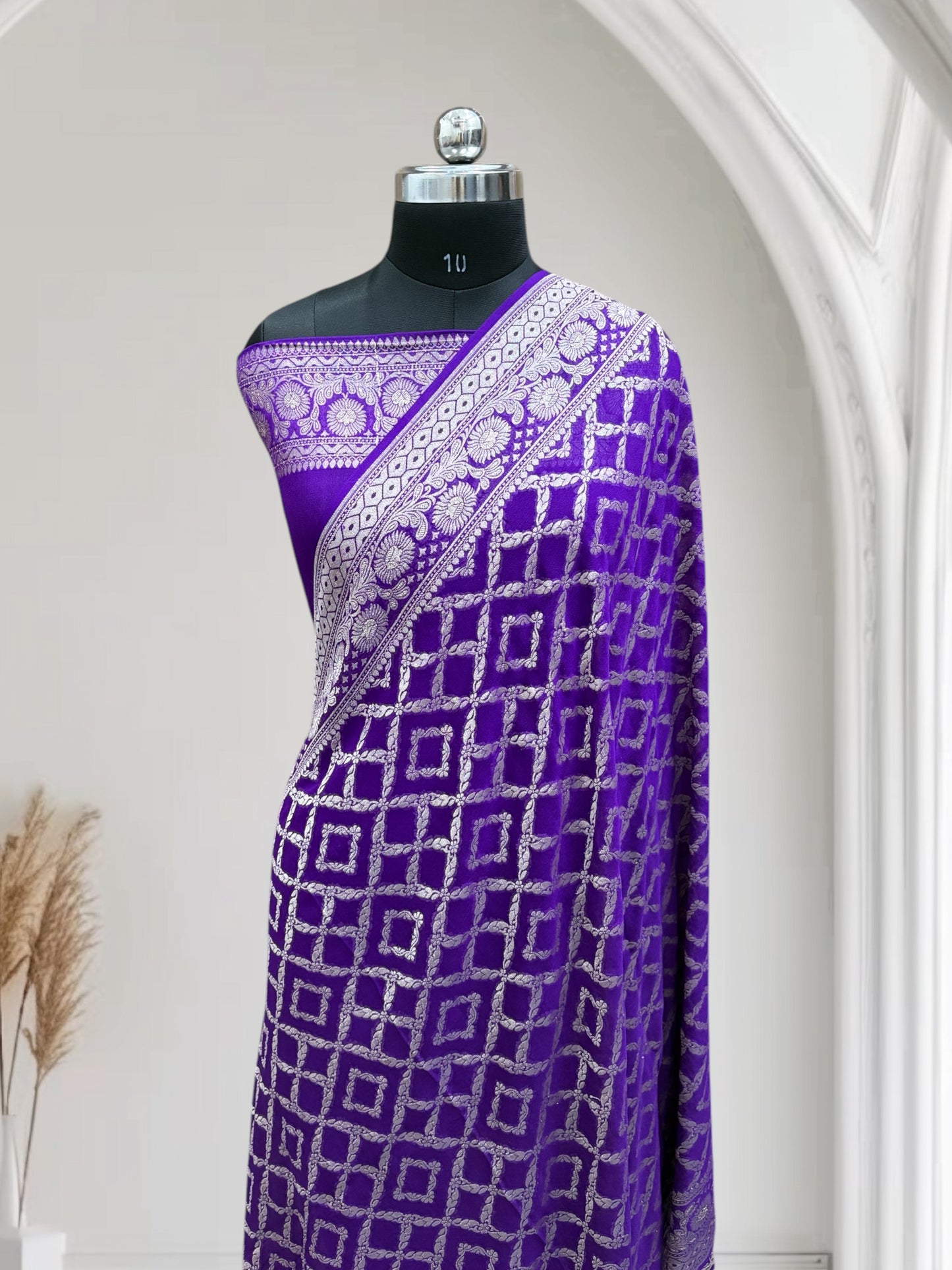Blue-Magenta Violet Light Golden Zari Work Chiffon Pure Silk Banarasi Saree