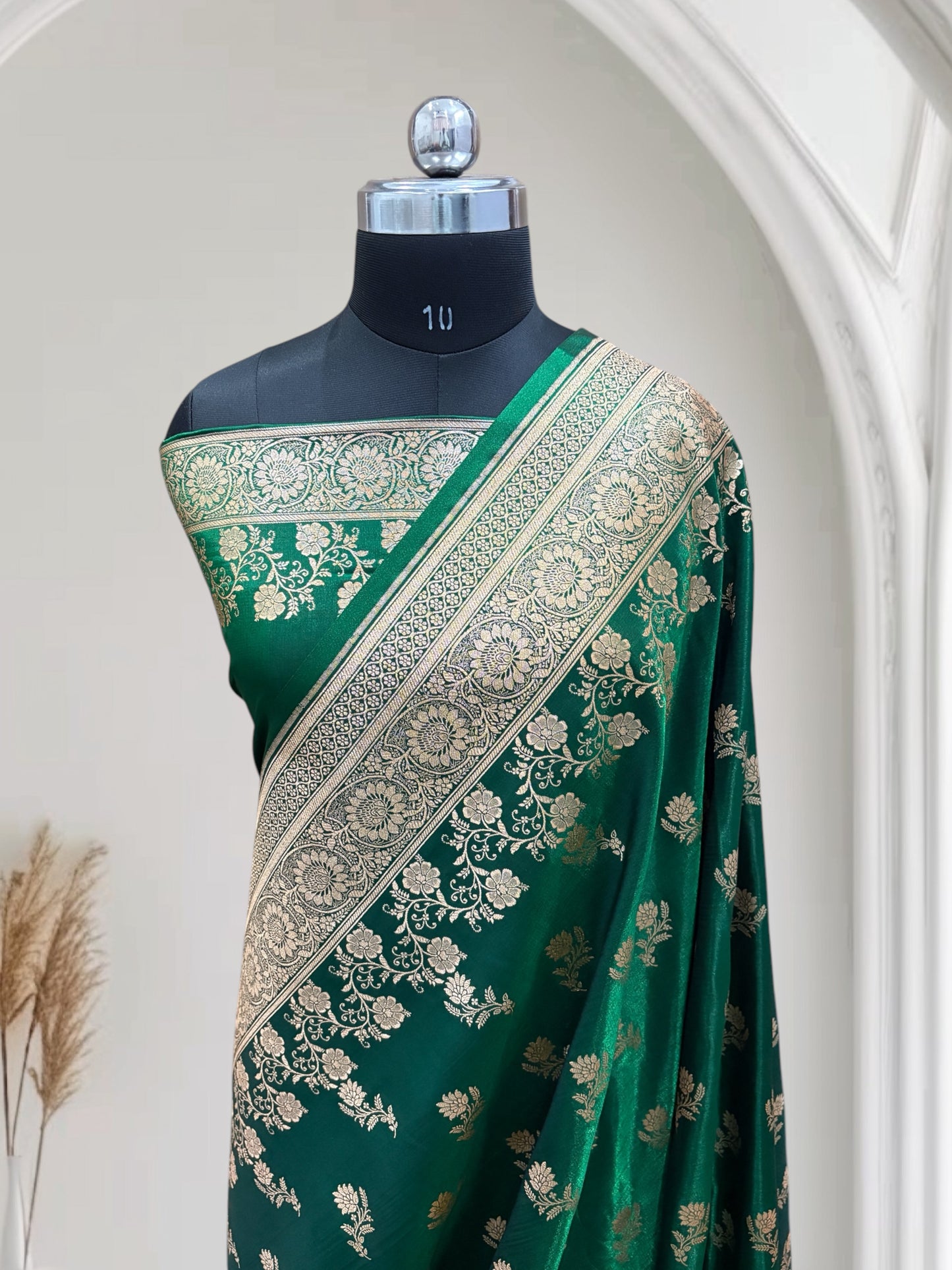 Green with Golden Zari Work and Rose Buti Design Satin Silk Banarasi Saree