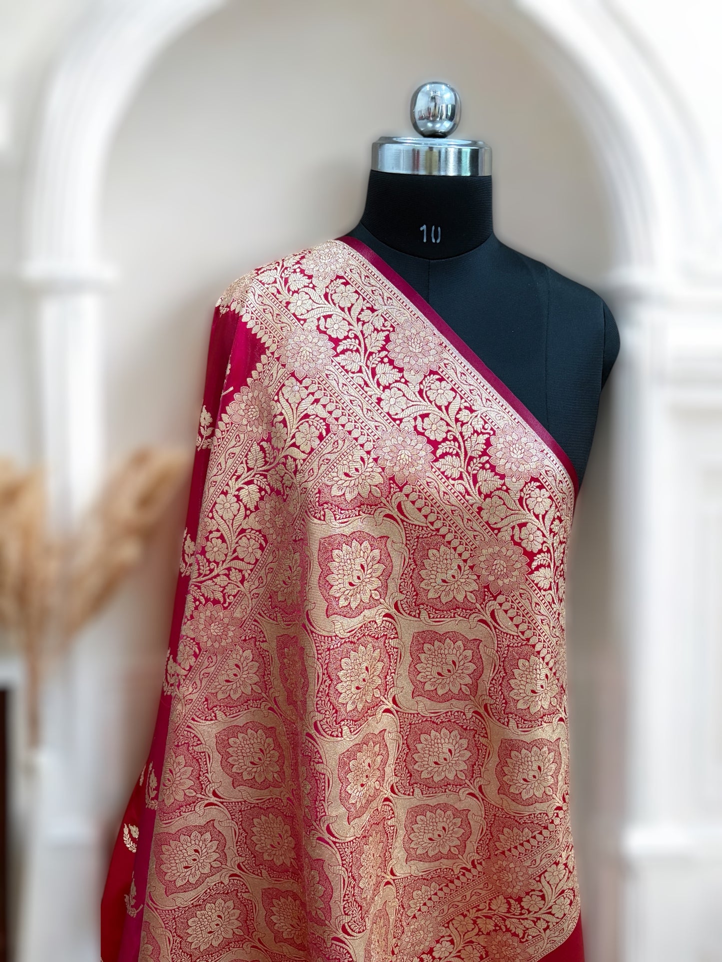Red Chand Pattern Satin Silk Saree